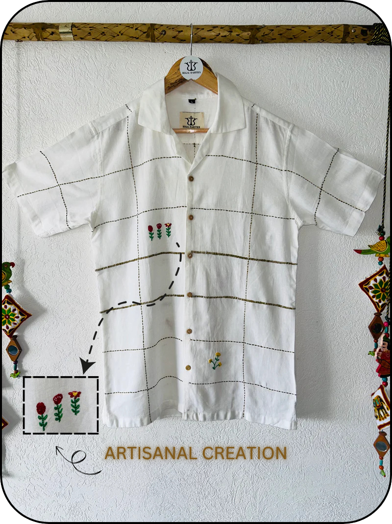 Hand Embroidered Shirt with Floral Grid Design