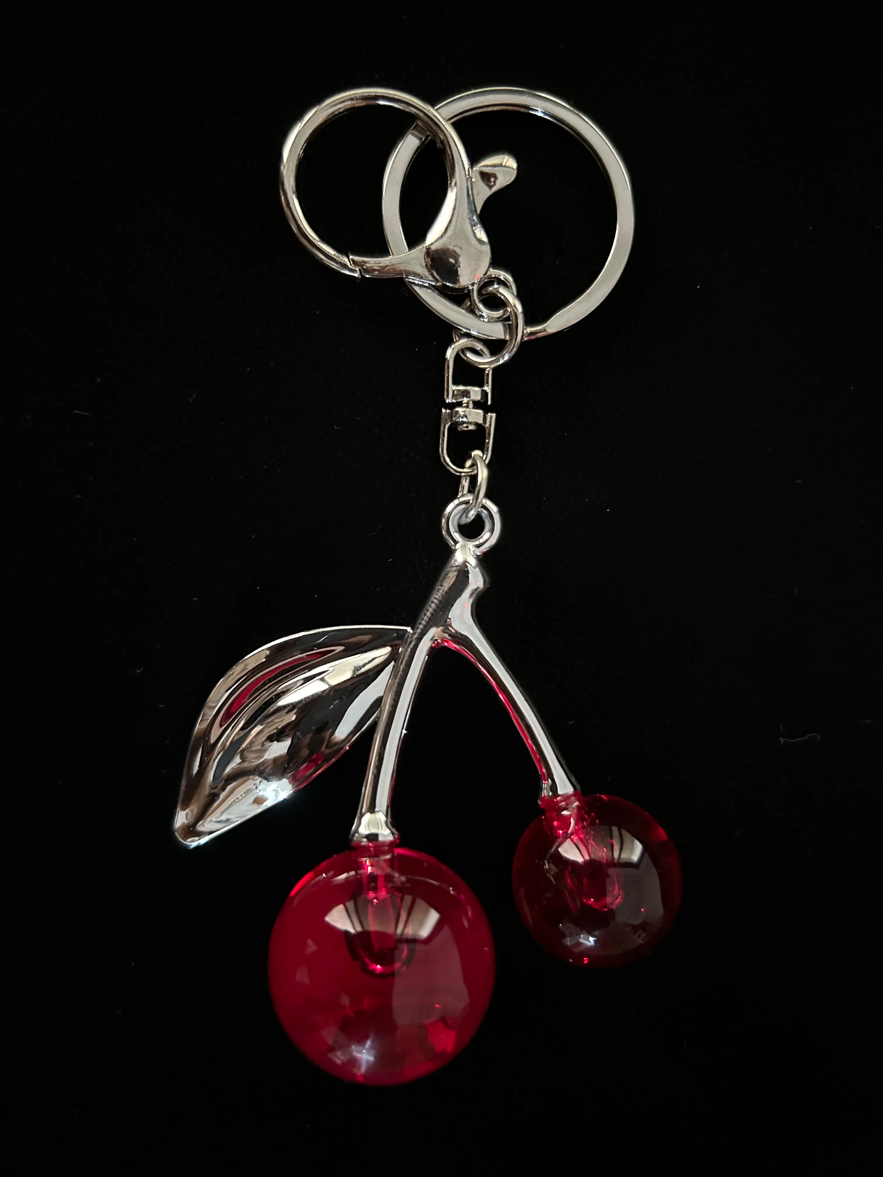 Red Cherry Bag Charm with Silver Leaf – Trendy Fruit Keychain for Handbags, Totes & Backpacks