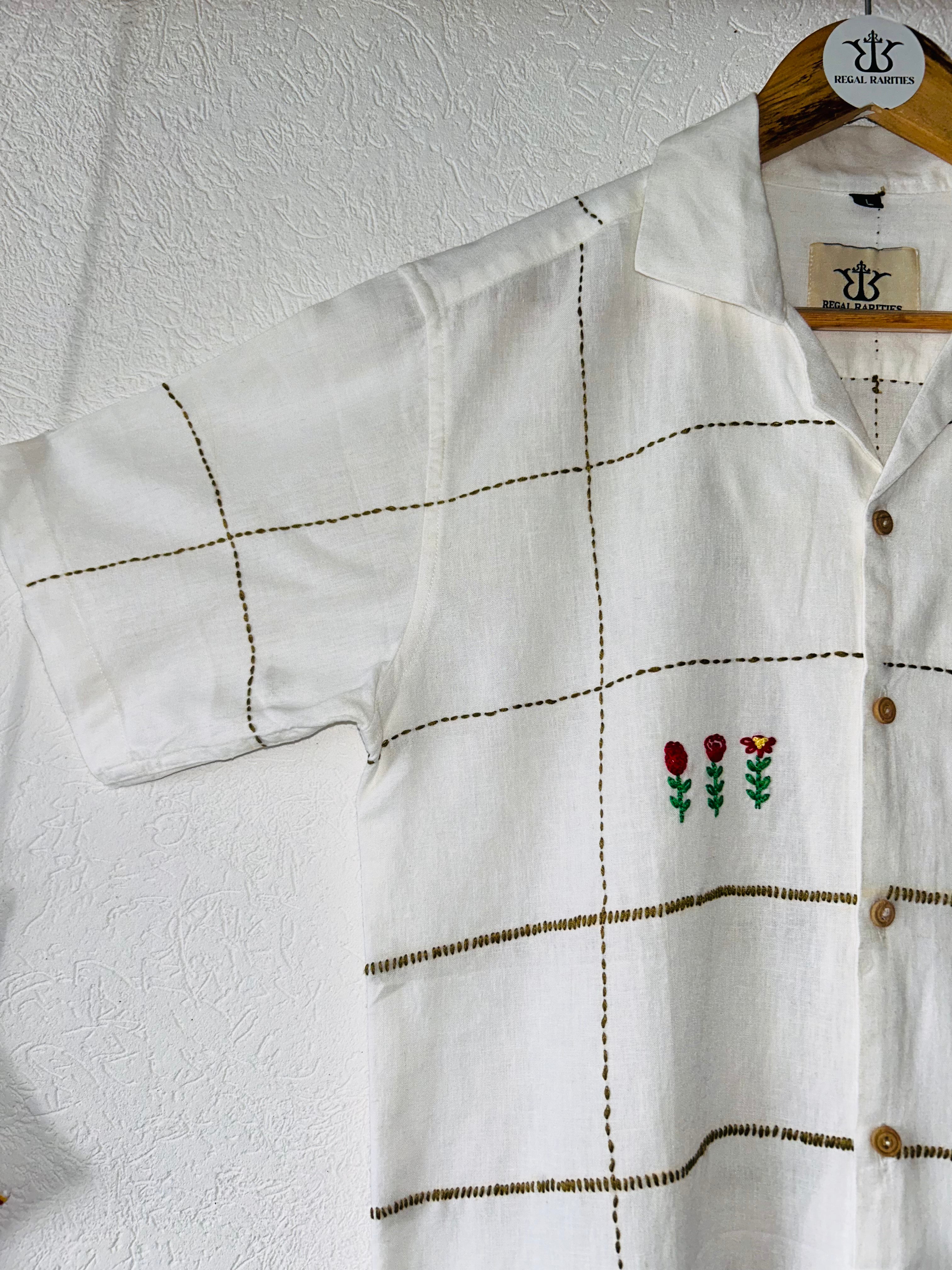 Hand Embroidered Shirt with Floral Grid Design