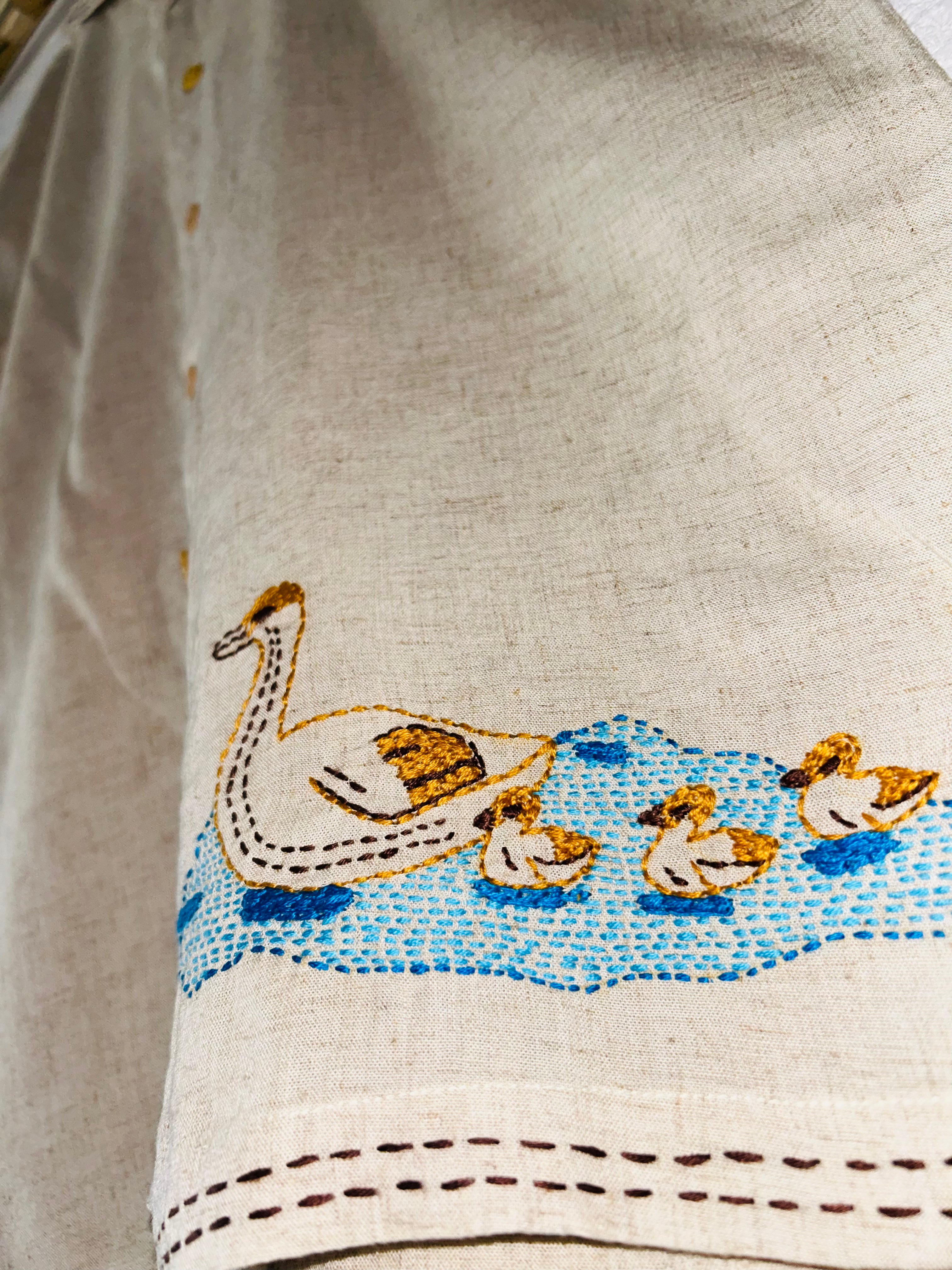 Hand Embroidered Shirt with Ducks on Parade Design