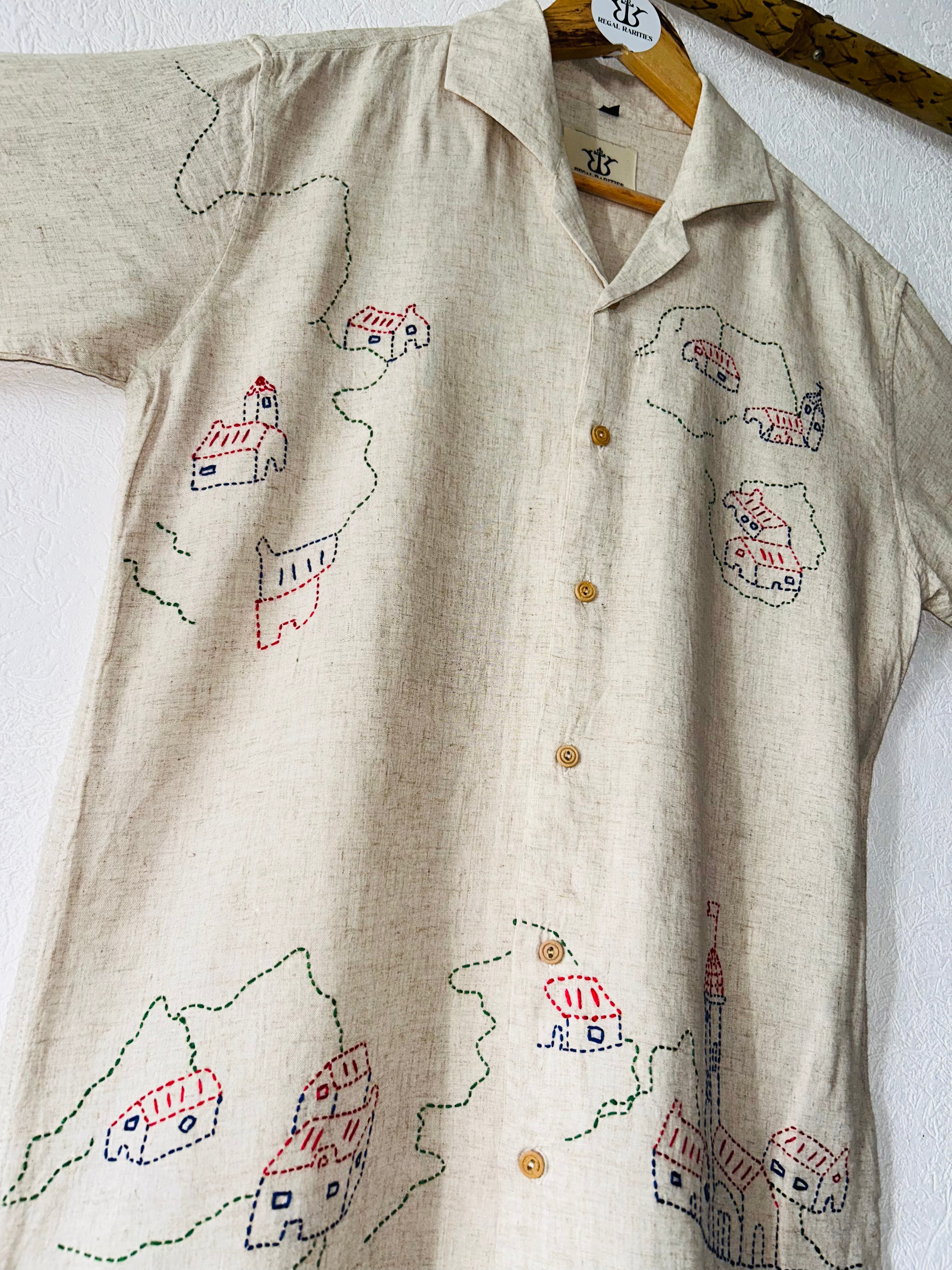 Hand Embroidered Shirt with Village Vista Design