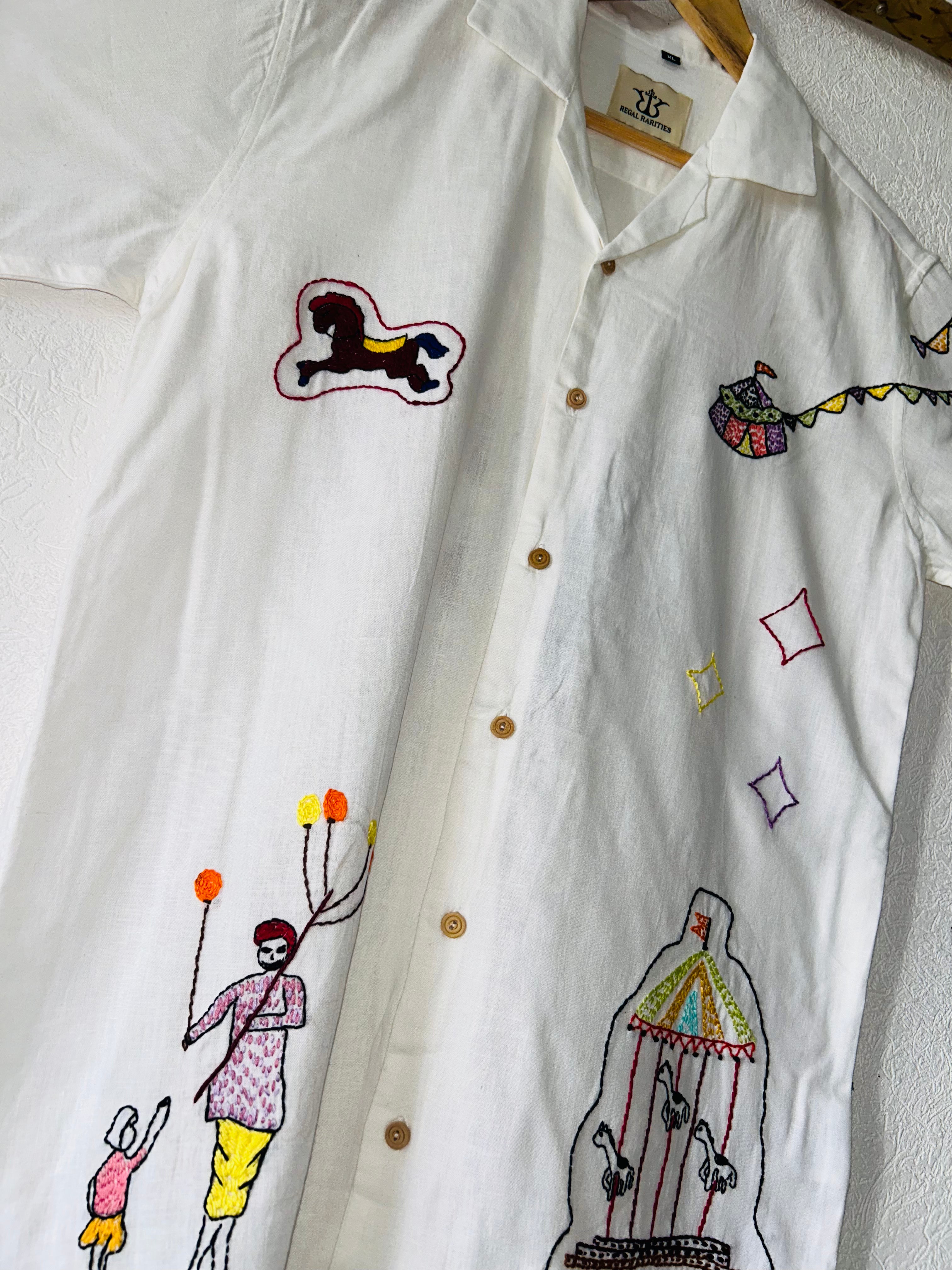 white embroidered shirt with Festive Fairground Design