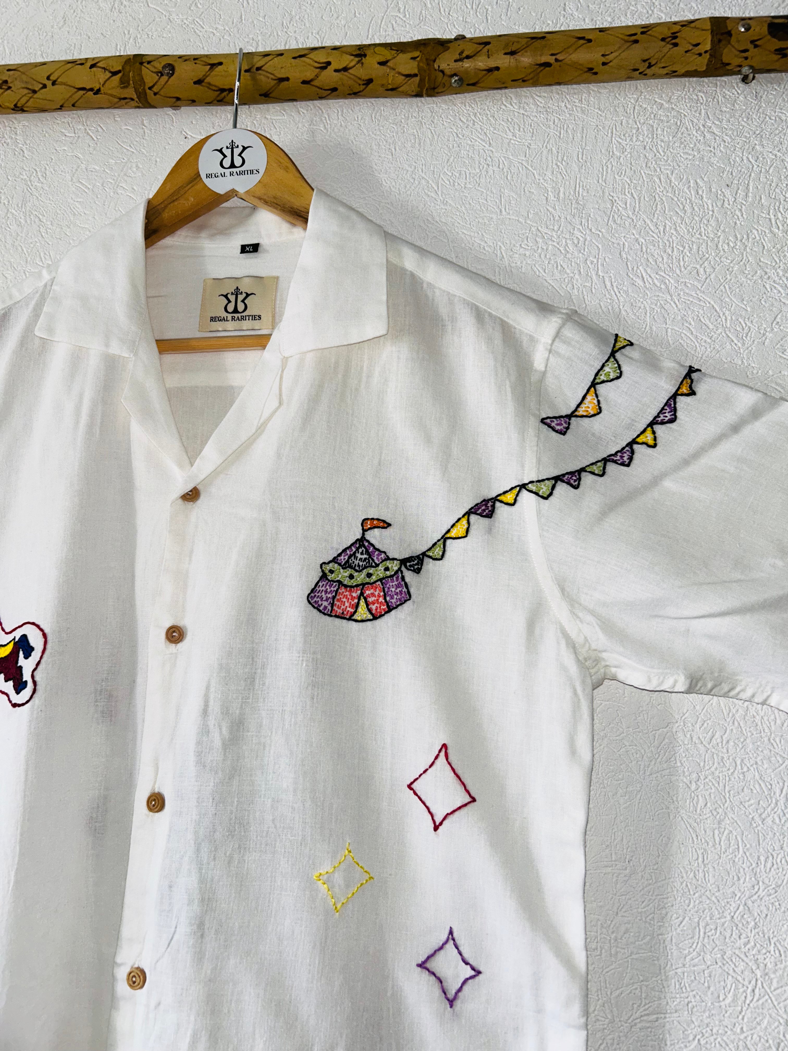 white embroidered shirt with Festive Fairground Design
