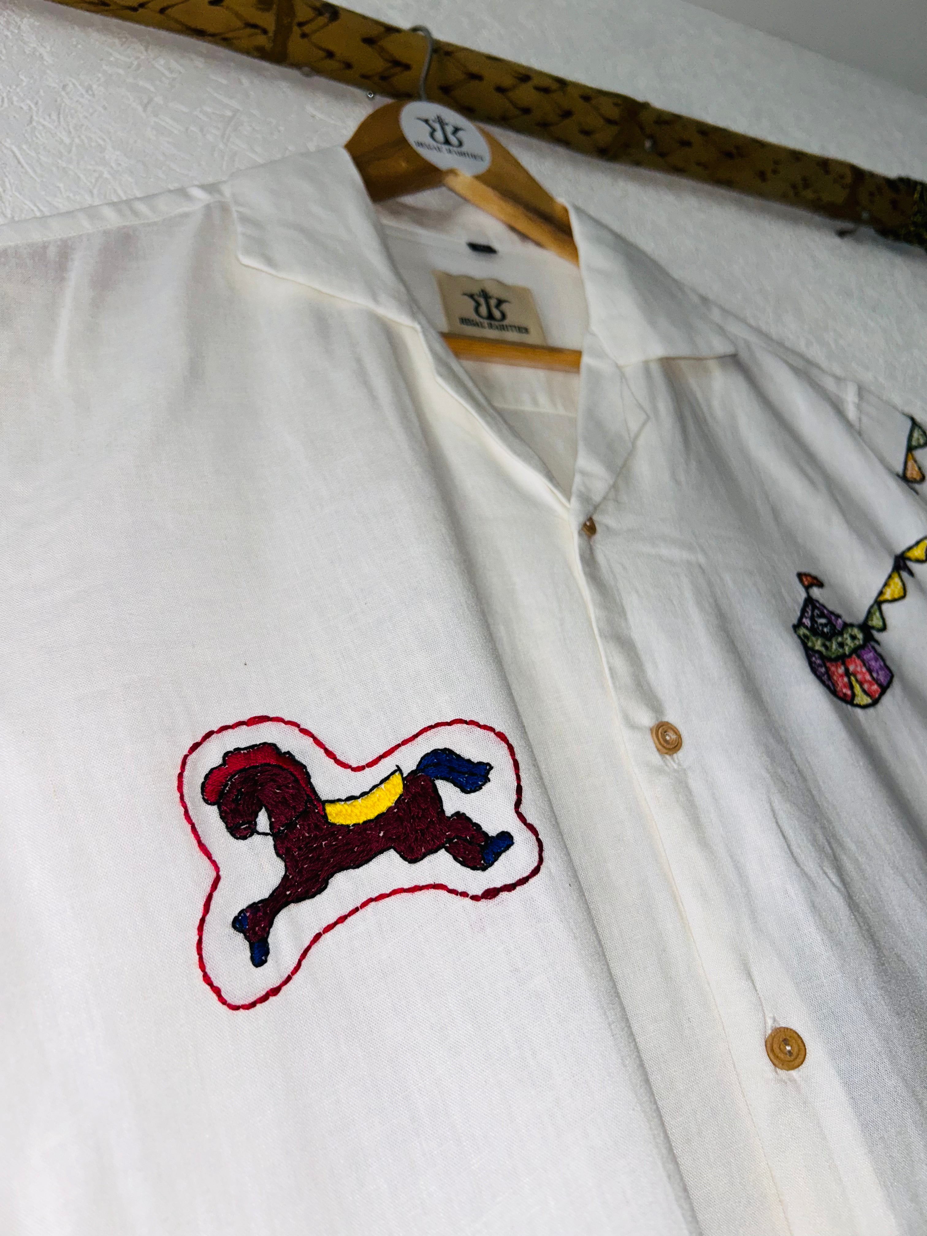 white embroidered shirt with Festive Fairground Design