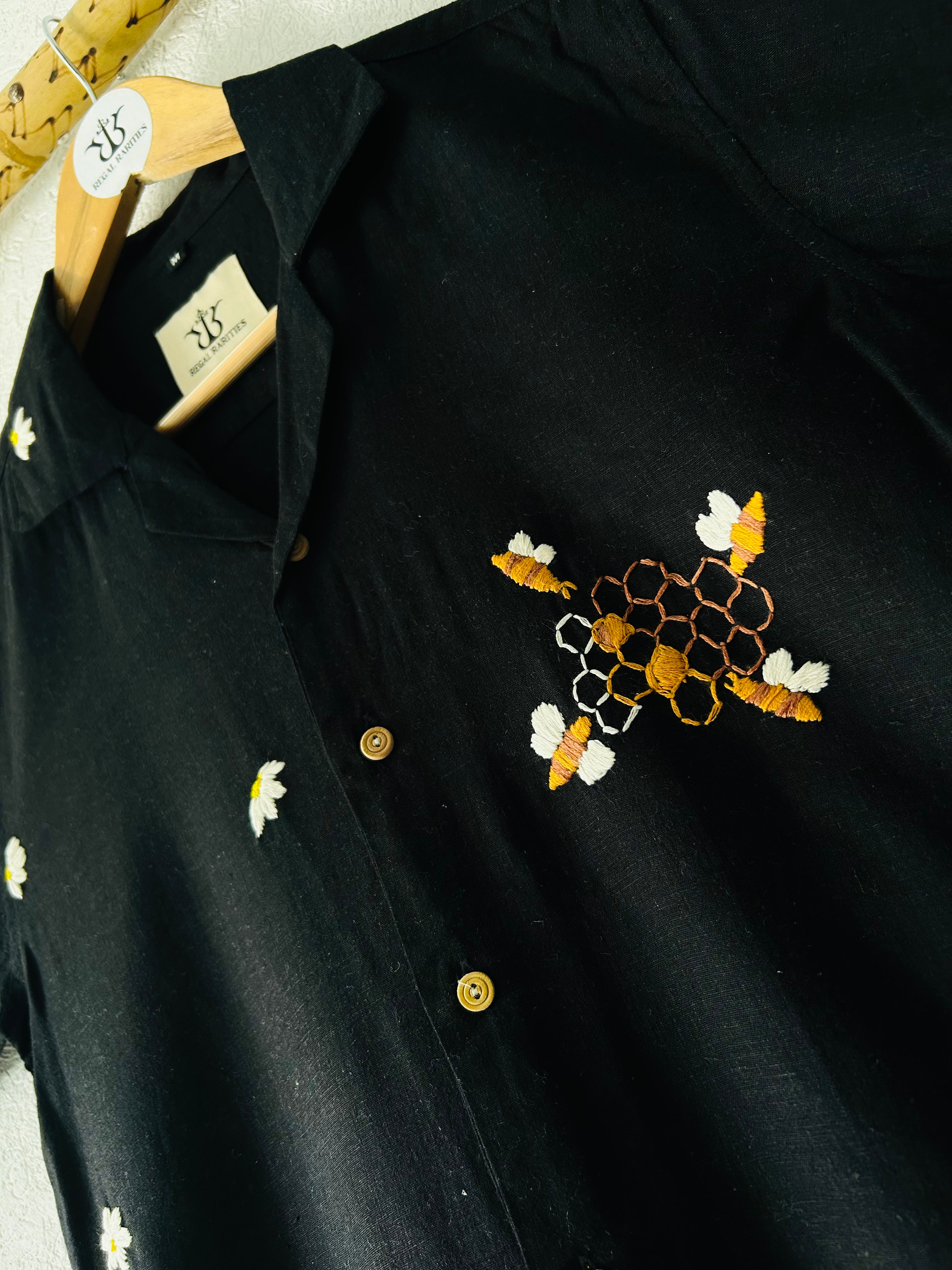 Hand Embroidered Shirt with Plant Bees Design