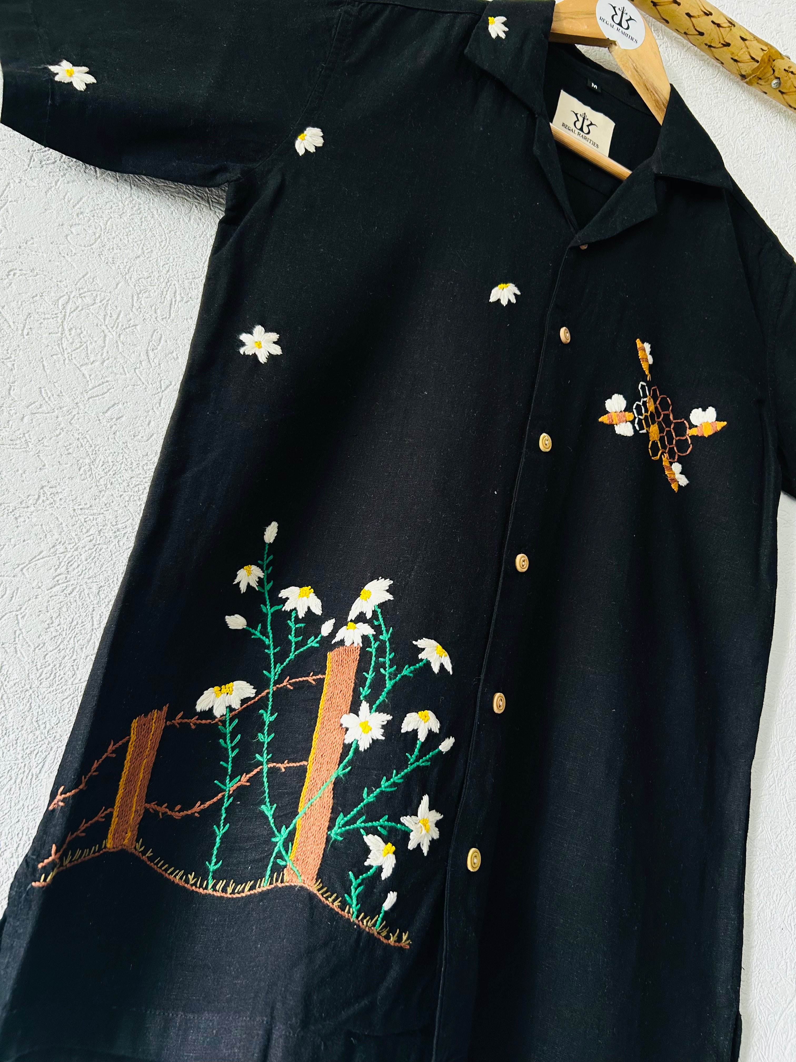 Hand Embroidered Shirt with Plant Bees Design