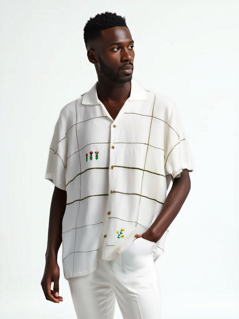 Hand Embroidered Shirt with Floral Grid Design