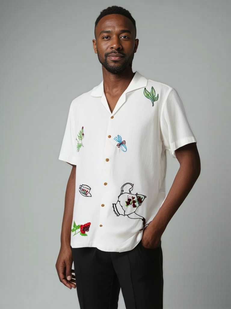 Hand Embroidered Shirt with Morning Nature Design
