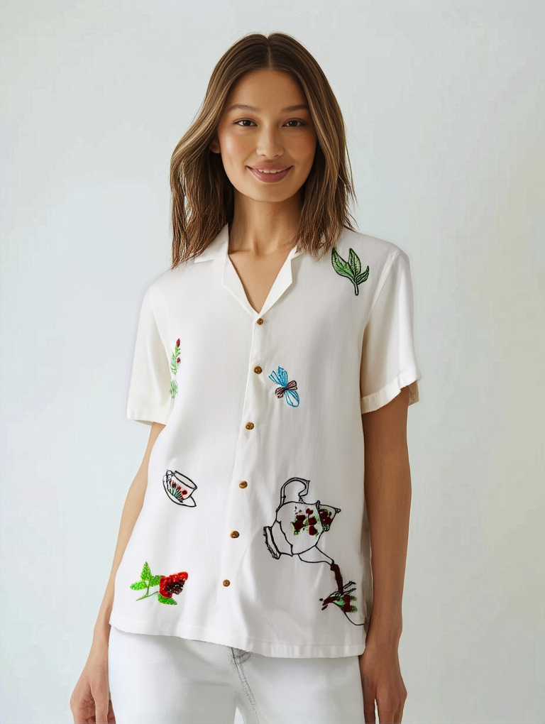 Hand Embroidered Shirt with Morning Nature Design