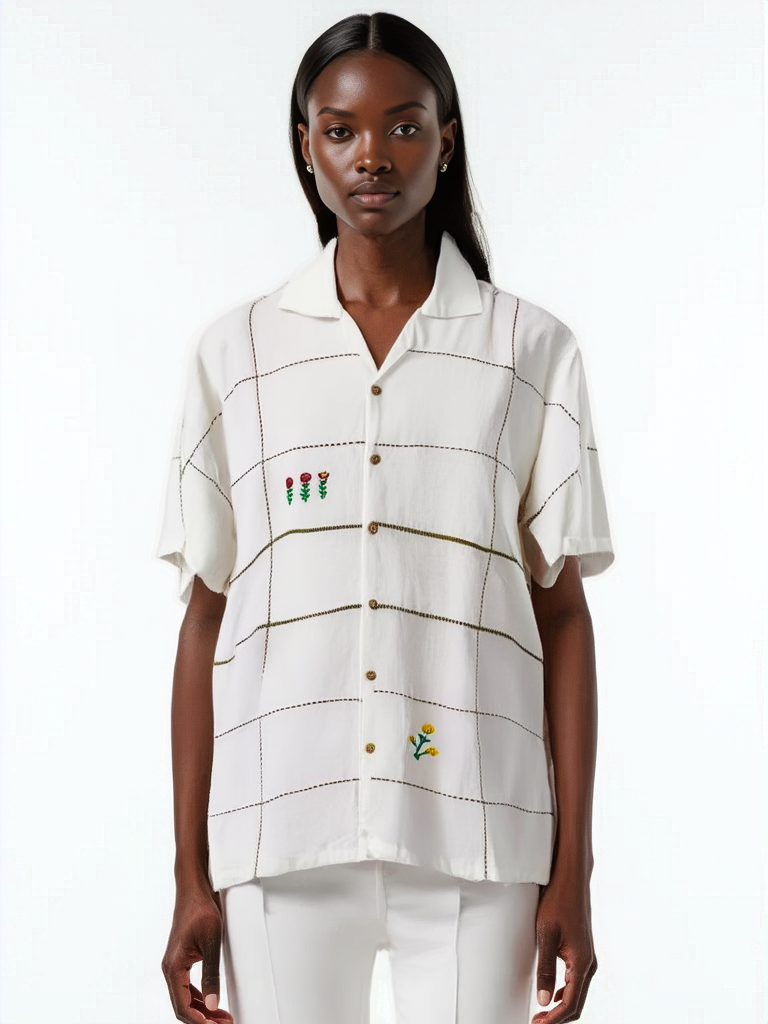 Hand Embroidered Shirt with Floral Grid Design