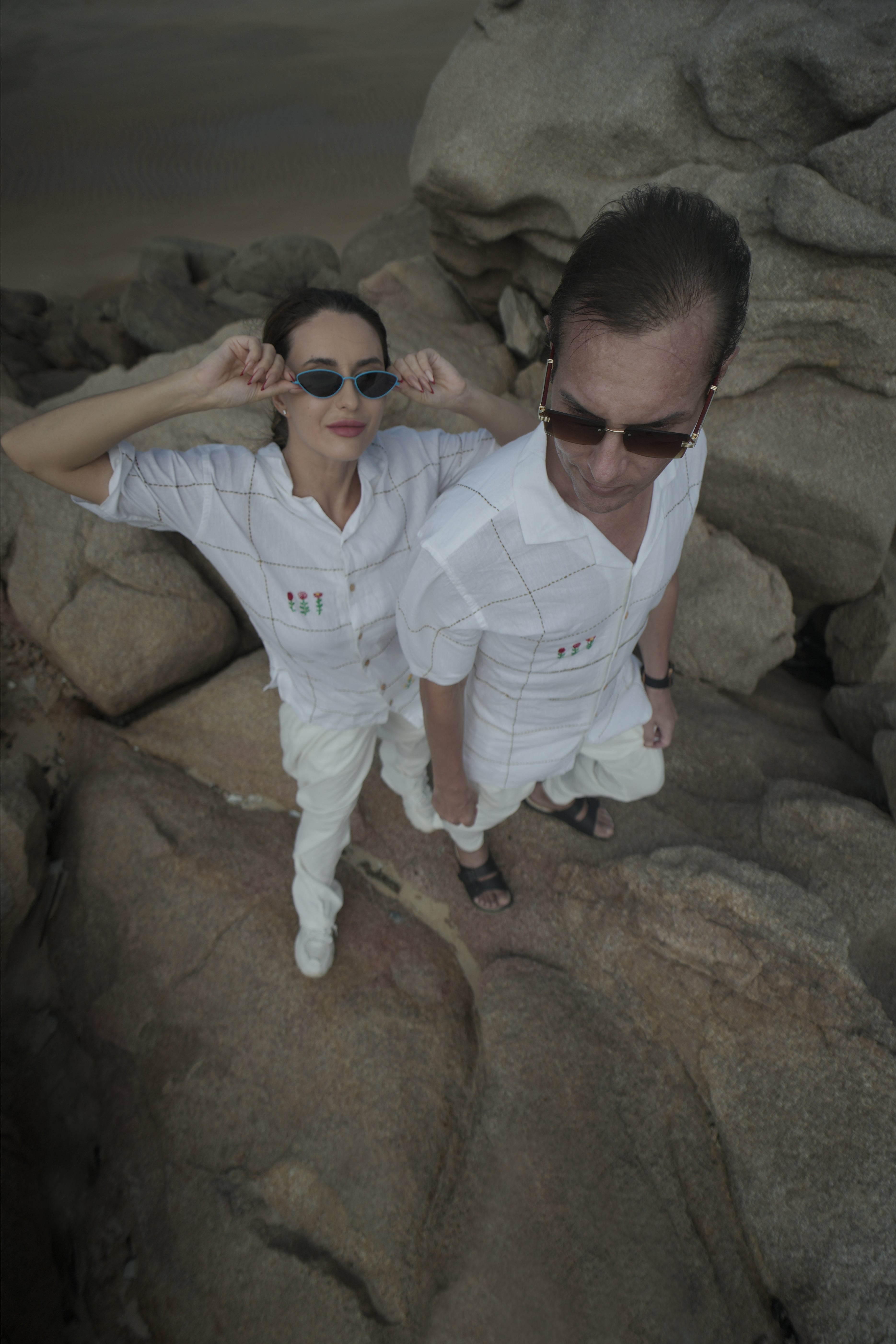 Hand Embroidered Shirt with Floral Grid Design