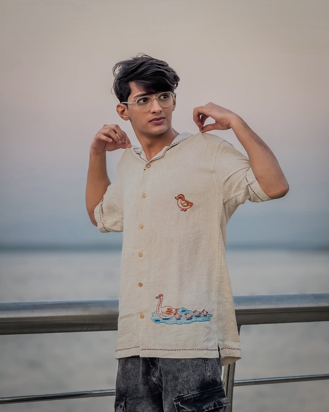Hand Embroidered Shirt with Ducks on Parade Design