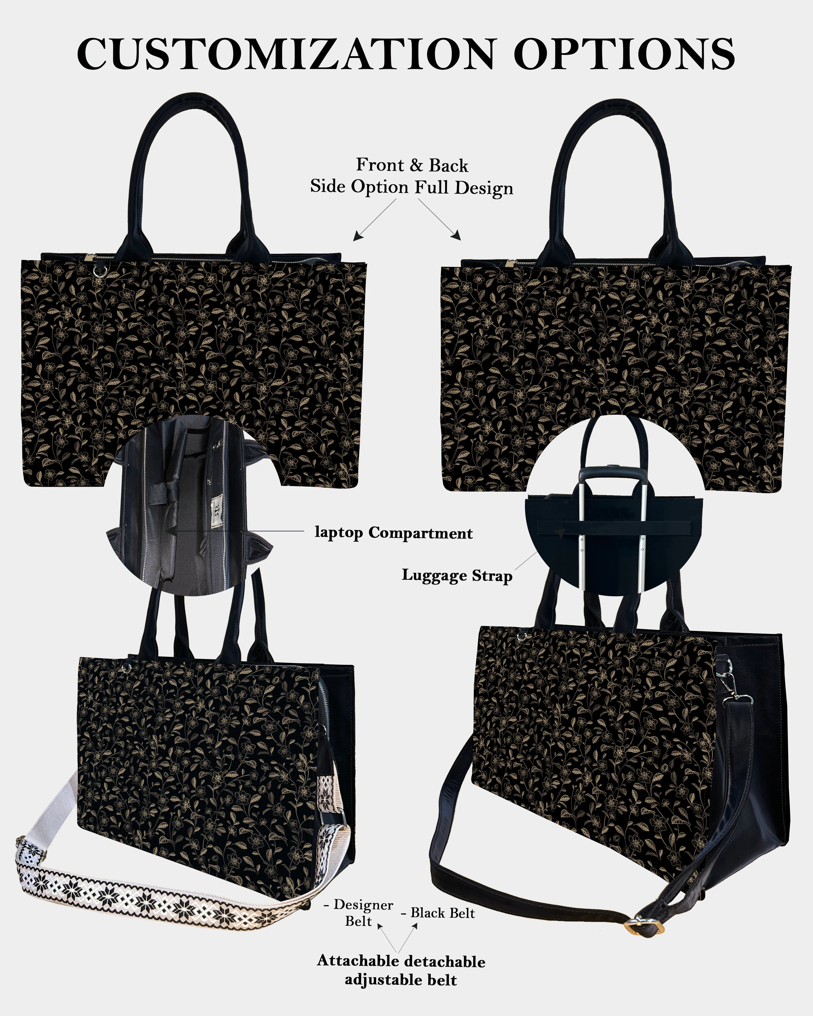Dark Gold Flower Designer Tote Bag – Vintage Floral Line Art