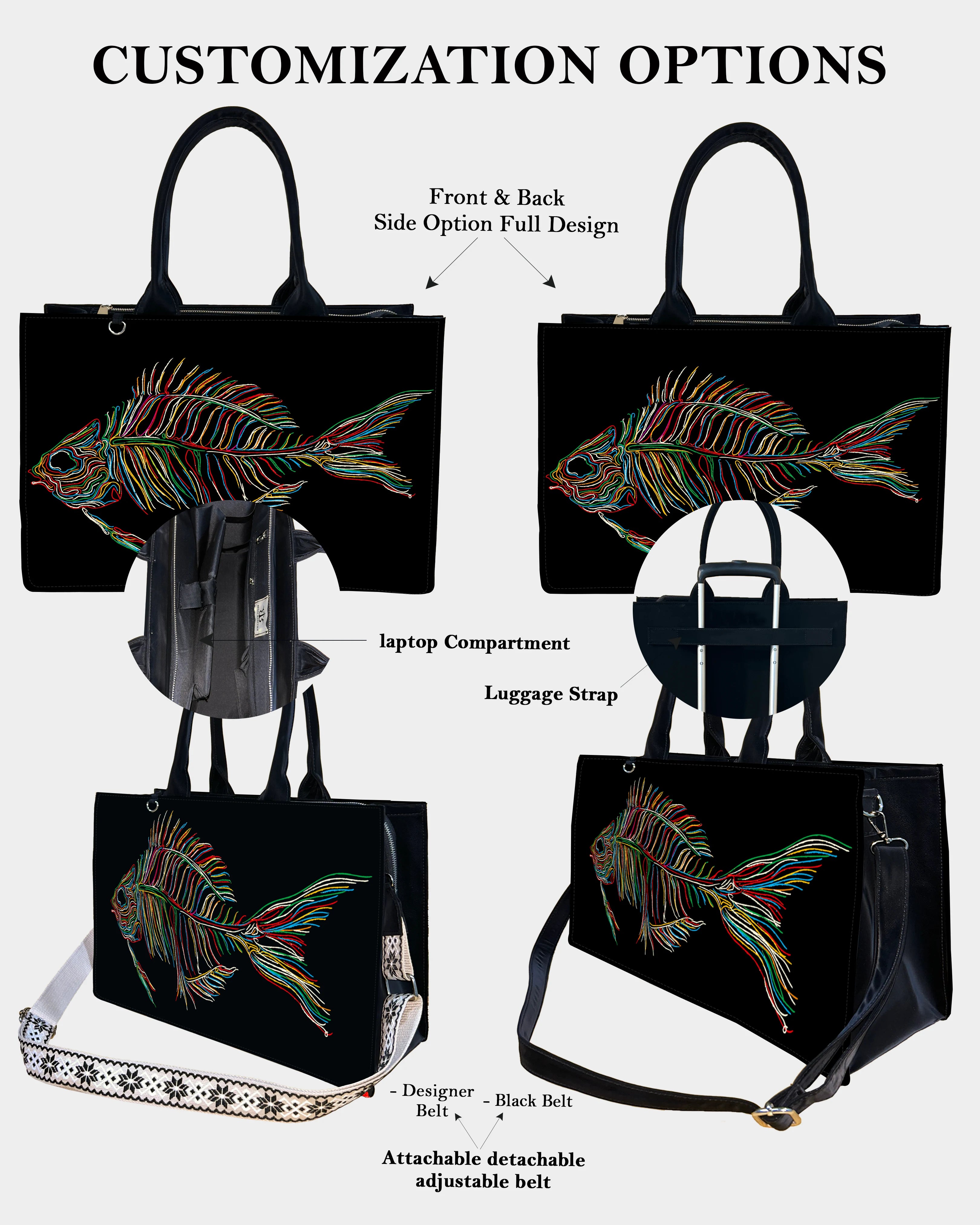 Colorful Fish Skeleton Designer Tote Bag – Artistic & Edgy Design