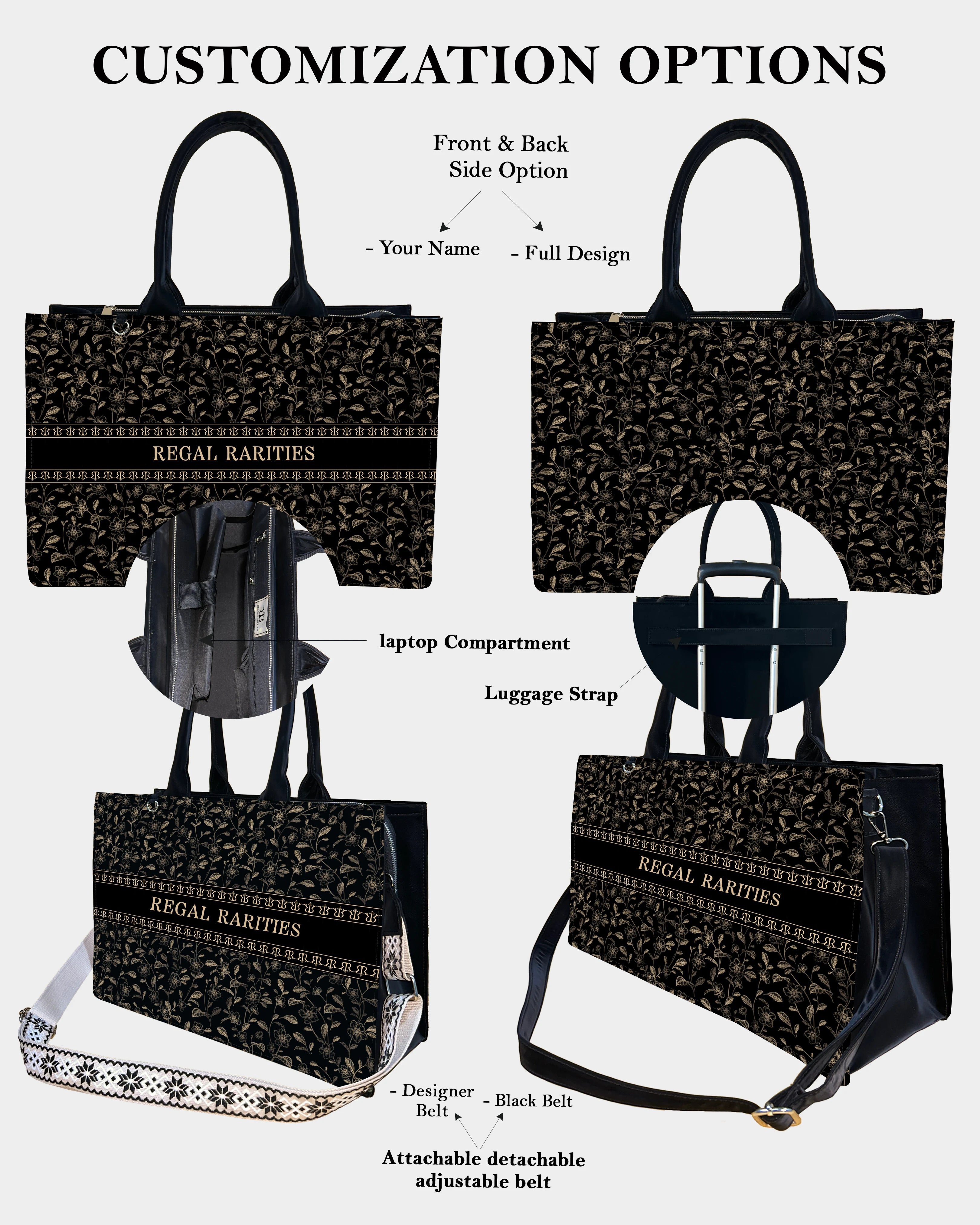 Dark Gold Flower Customized Tote Bag – Vintage Floral Line Art