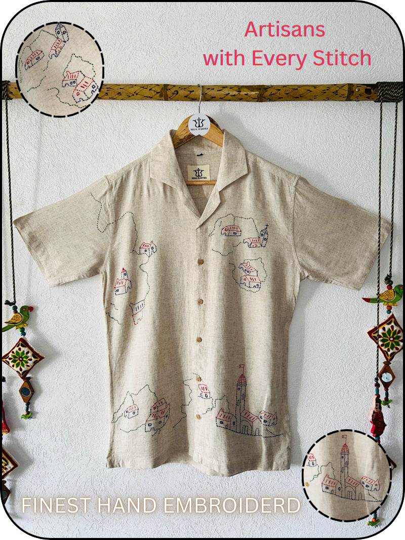 Hand Embroidered Shirt with Village Vista Design