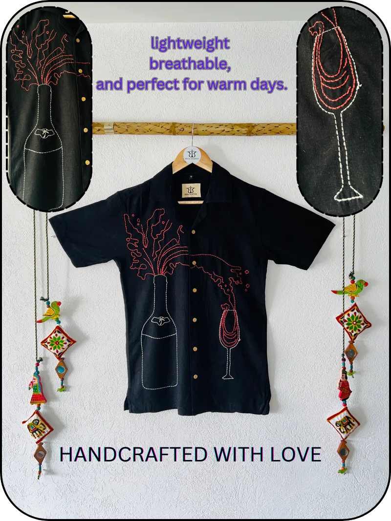 Hand Embroidered Shirt with Champagne Celebration Design 