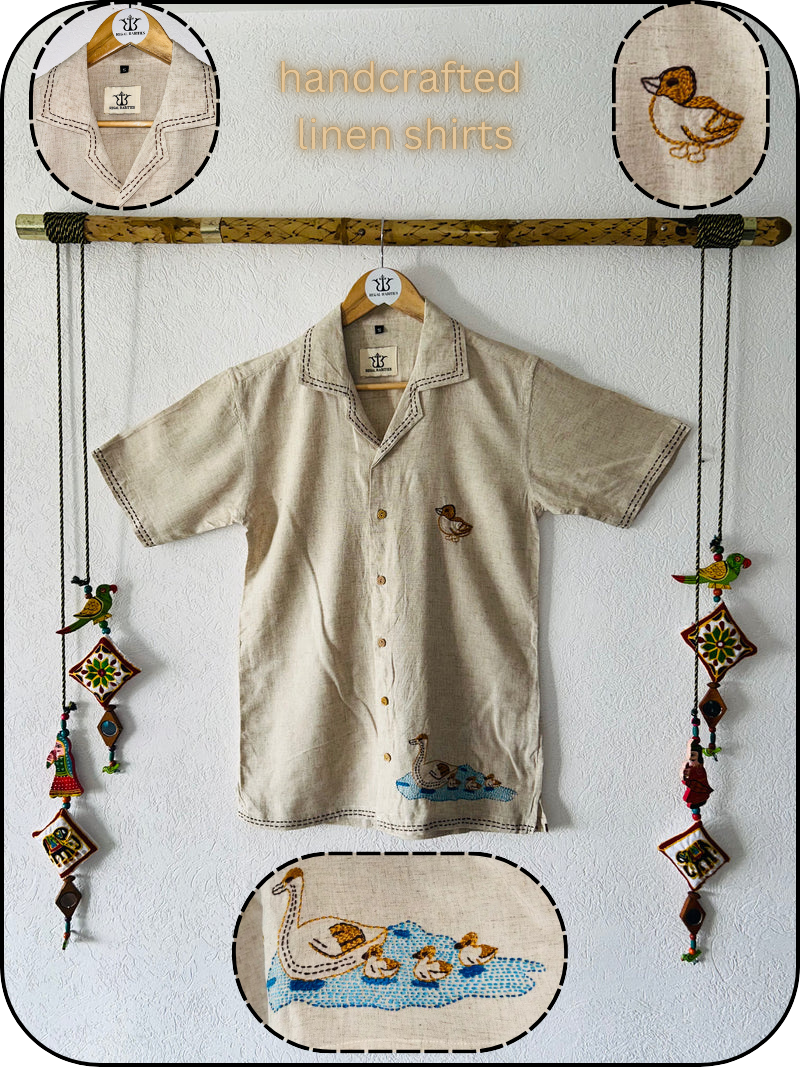 Hand Embroidered Shirt with Ducks on Parade Design 