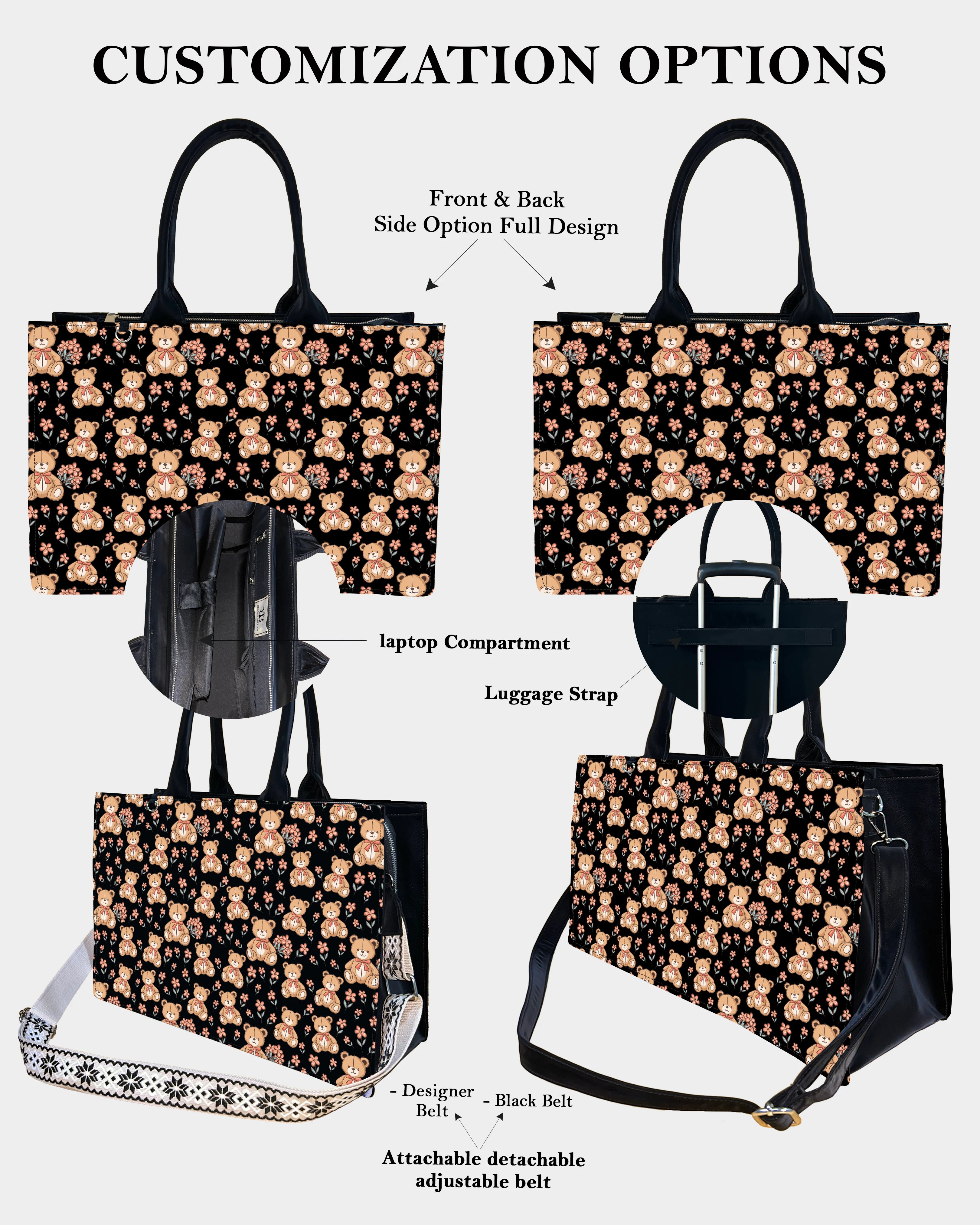 Cute Teddy Bear Designer Tote Bag – Floral & Girly Aesthetic