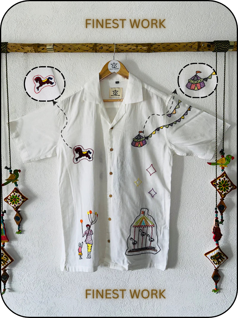 white embroidered shirt with Festive Fairground Design