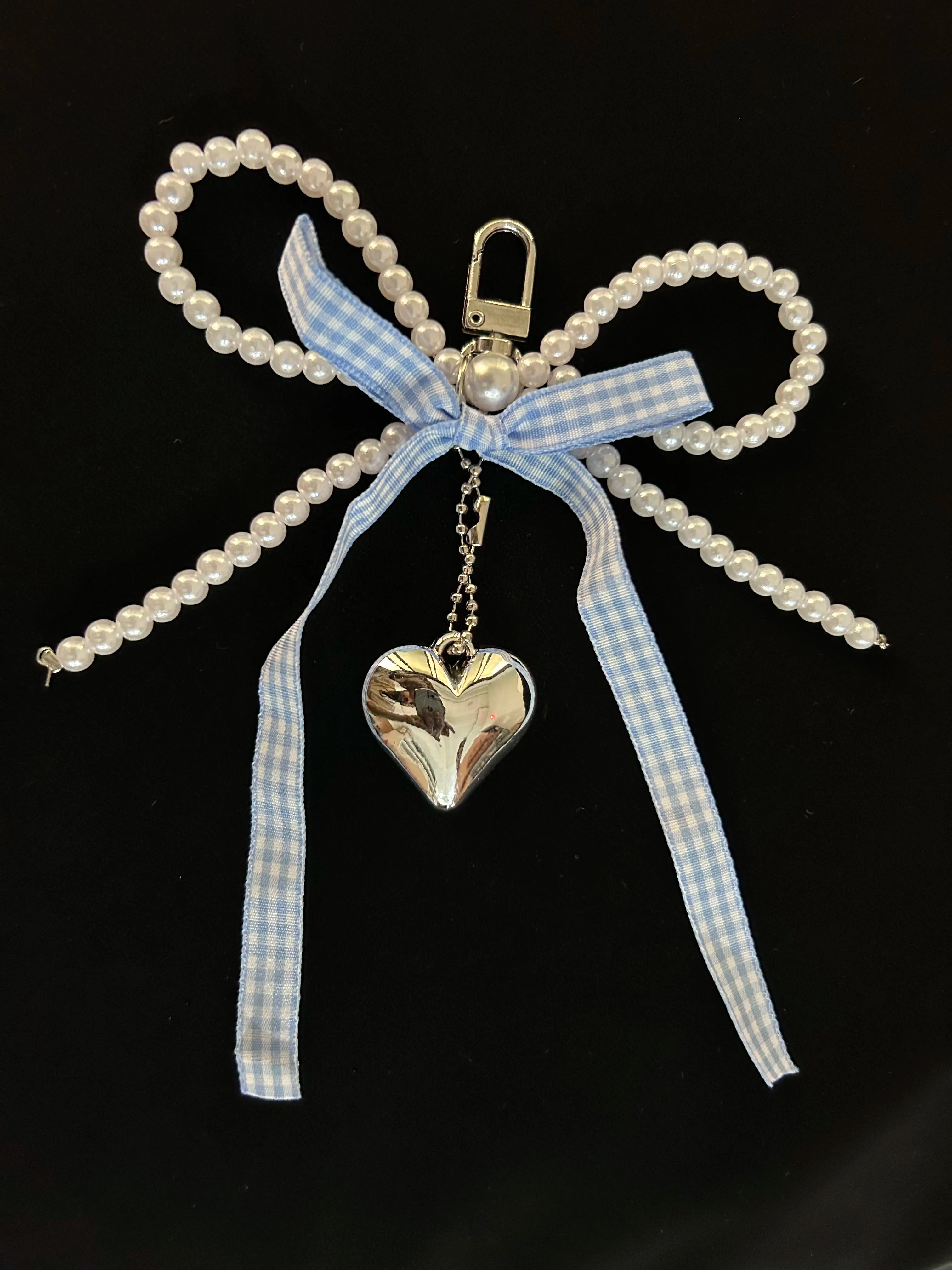 Elegant Pearl Bow Heart Bag Charm – Blue Gingham Ribbon & Silver Heart