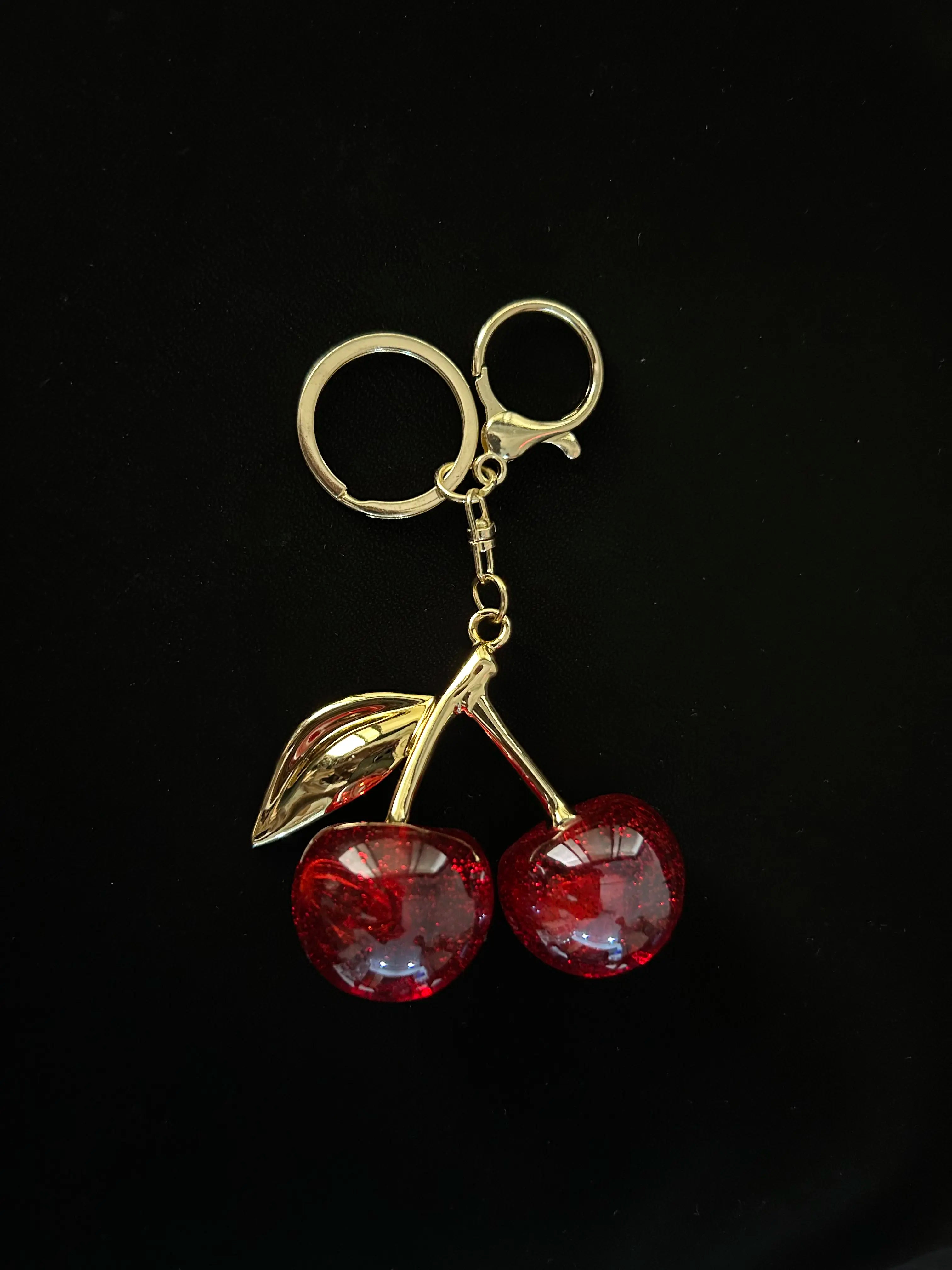 Glossy Red Cherry Bag Charm – Cute Gold Keychain Accessory for Handbags, Totes & Backpacks