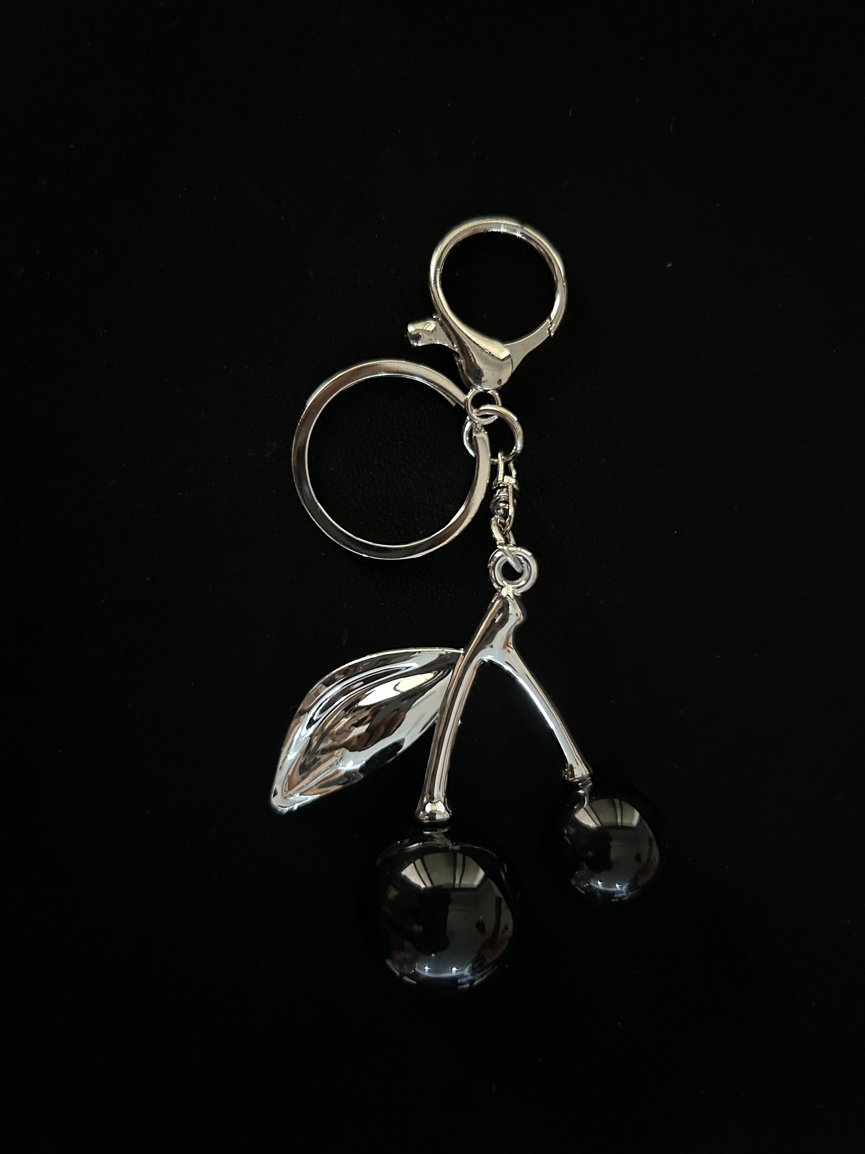 Black Cherry Bag Charm with Silver Leaf – Cute Fruit-Inspired Keychain for Bags, Totes & Backpacks