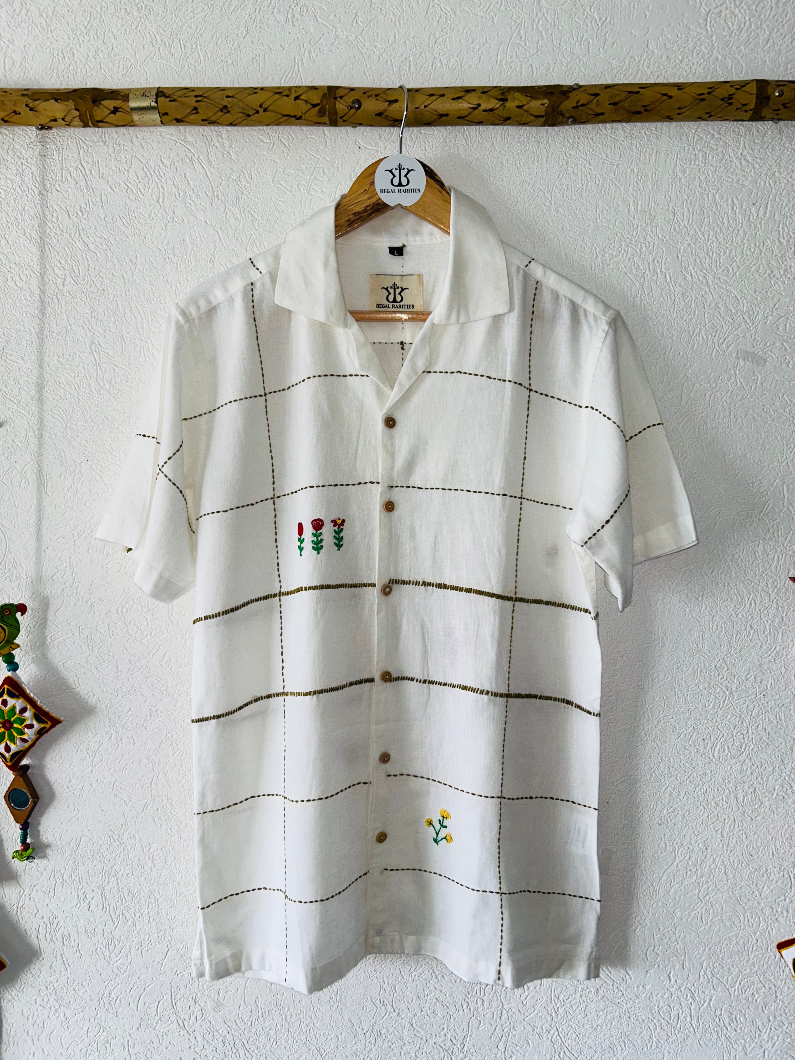 Hand Embroidered Shirt with Floral Grid Design