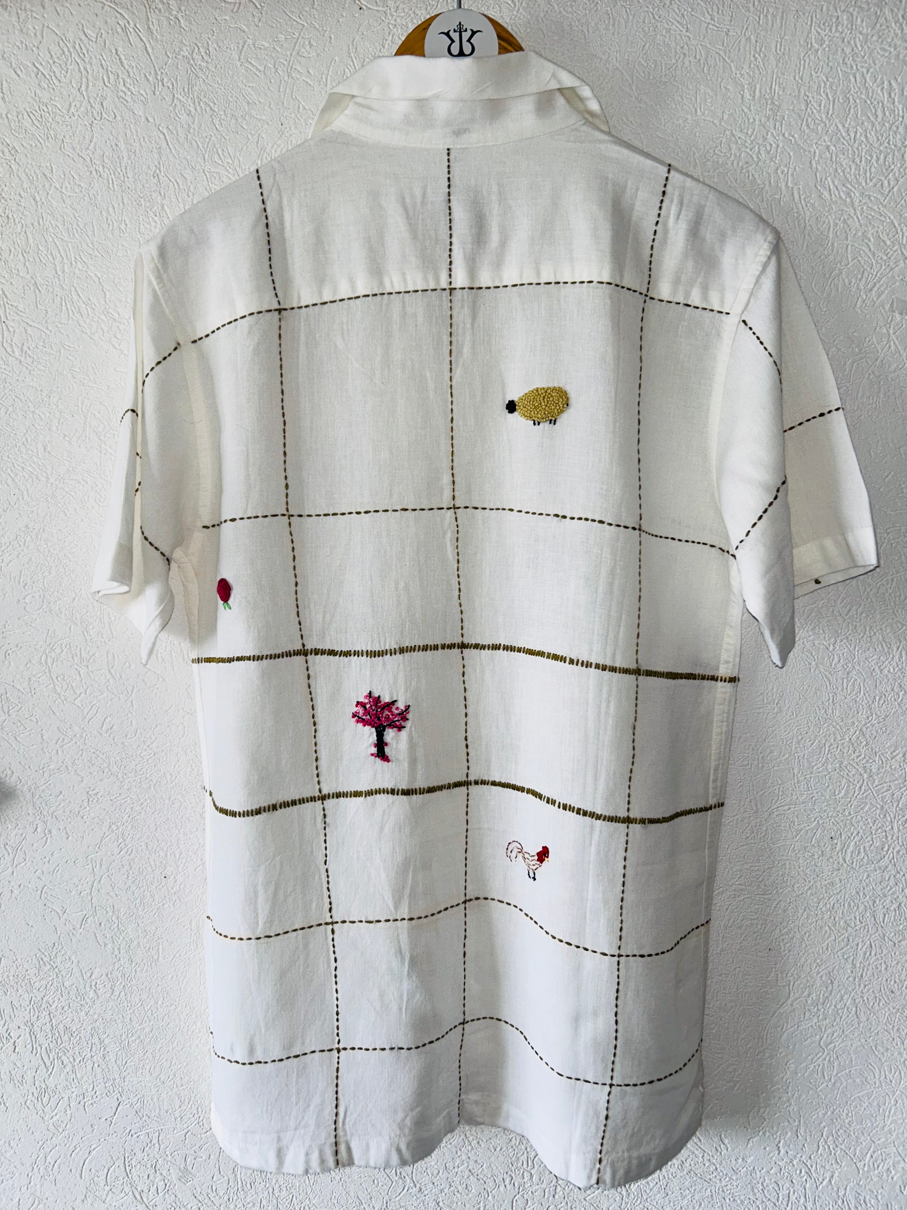 Hand Embroidered Shirt with Floral Grid Design