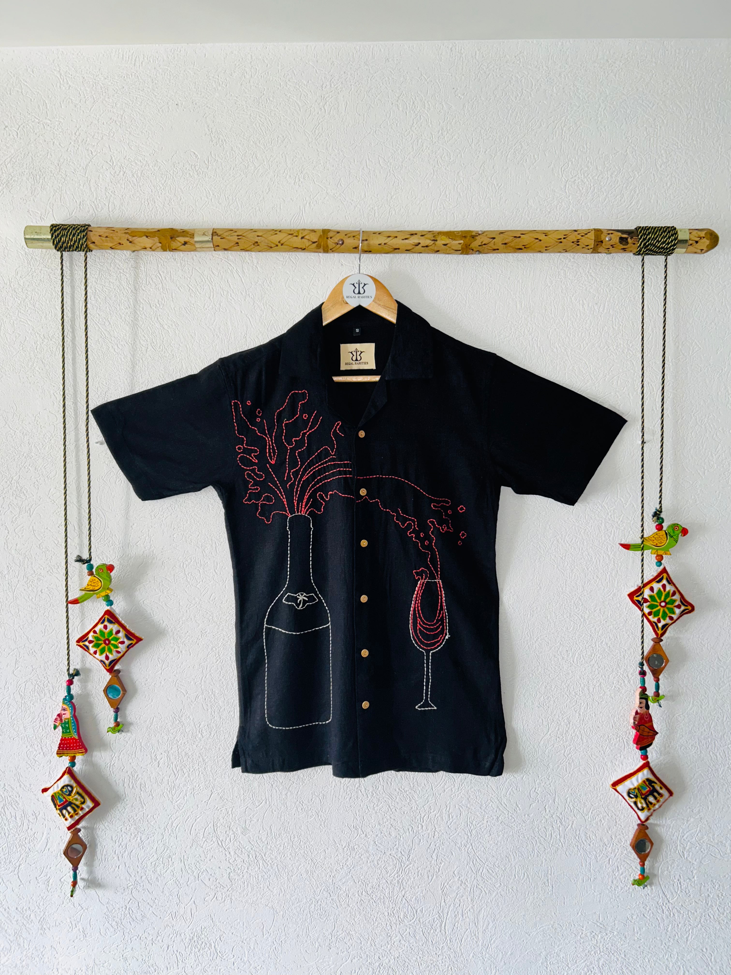 Hand Embroidered Shirt with Champagne Celebration Design 