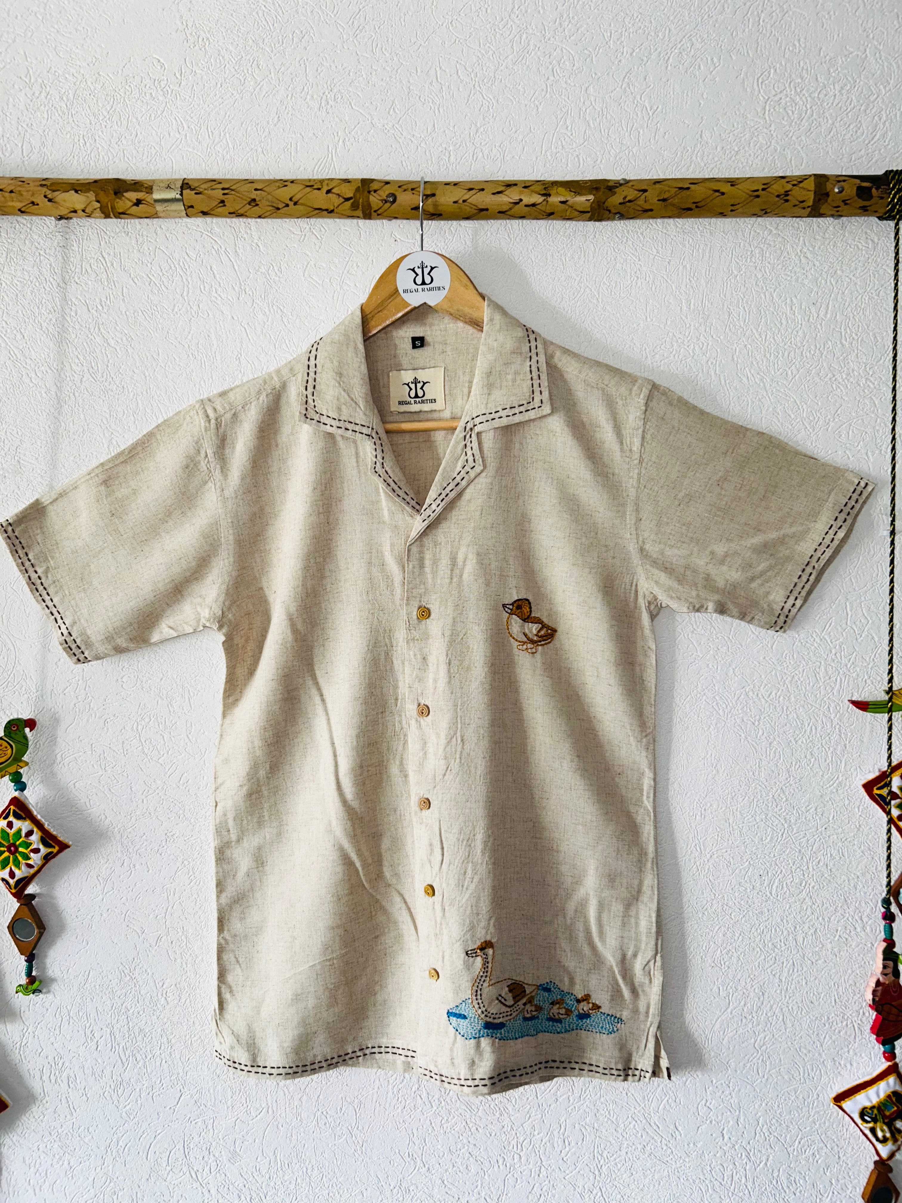 Hand Embroidered Shirt with Ducks on Parade Design 