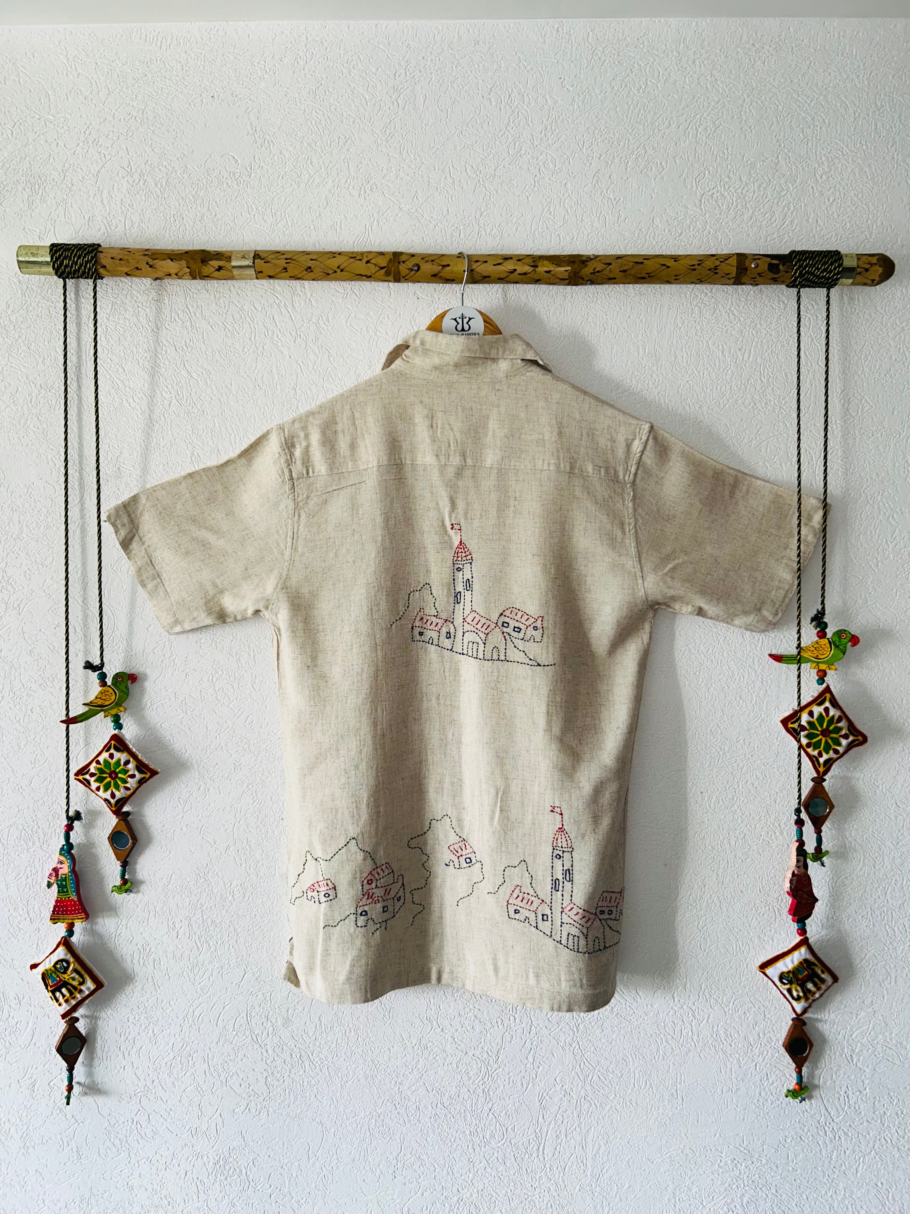 Hand Embroidered Shirt with Village Vista Design