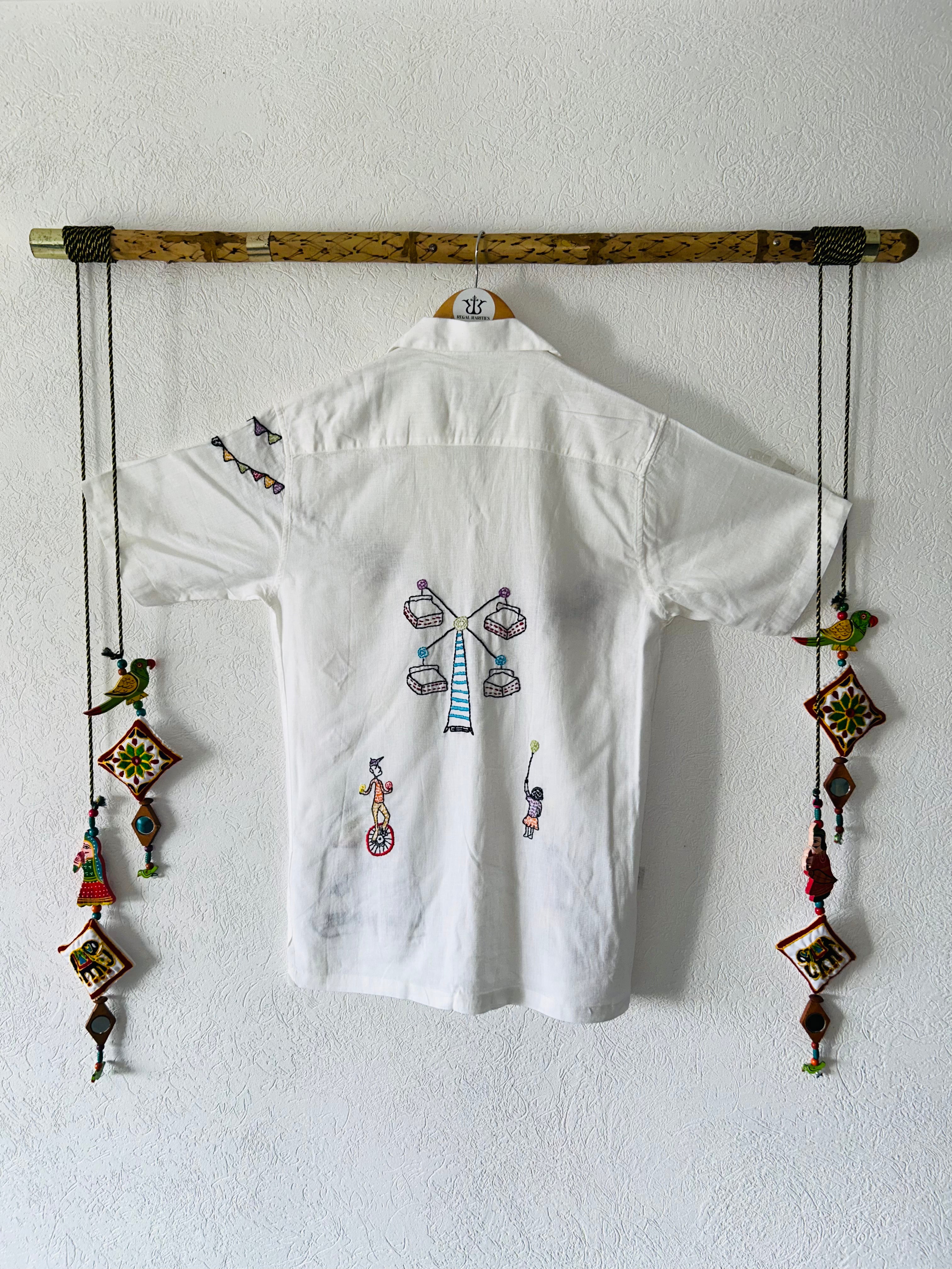 white embroidered shirt with Festive Fairground Design