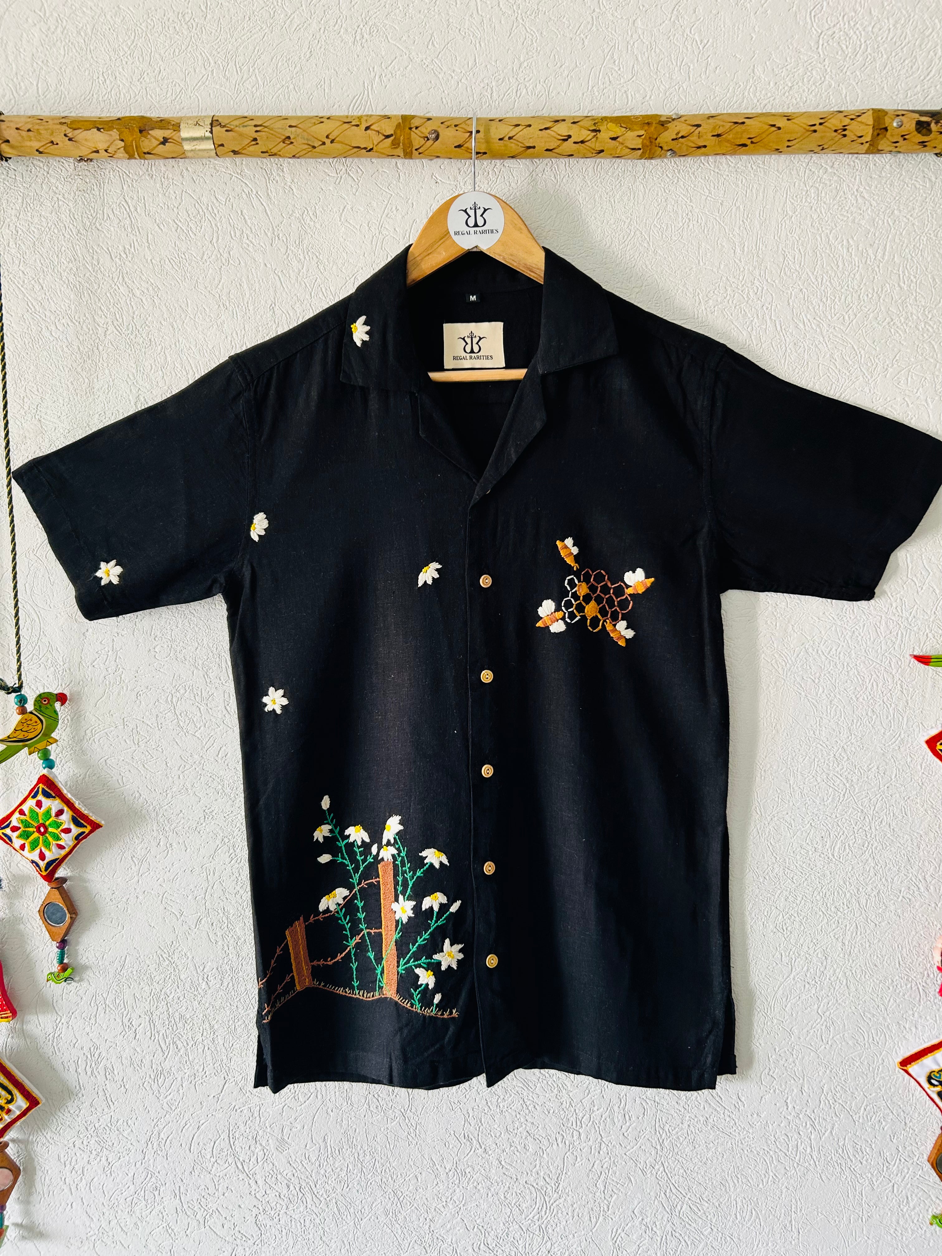 Hand Embroidered Shirt with Plant Bees Design