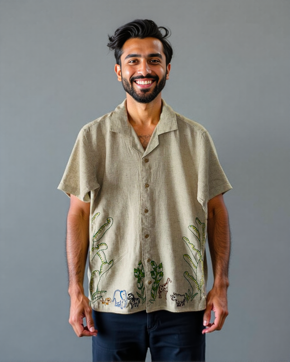 Hand Embroidered Shirt with Safari Design