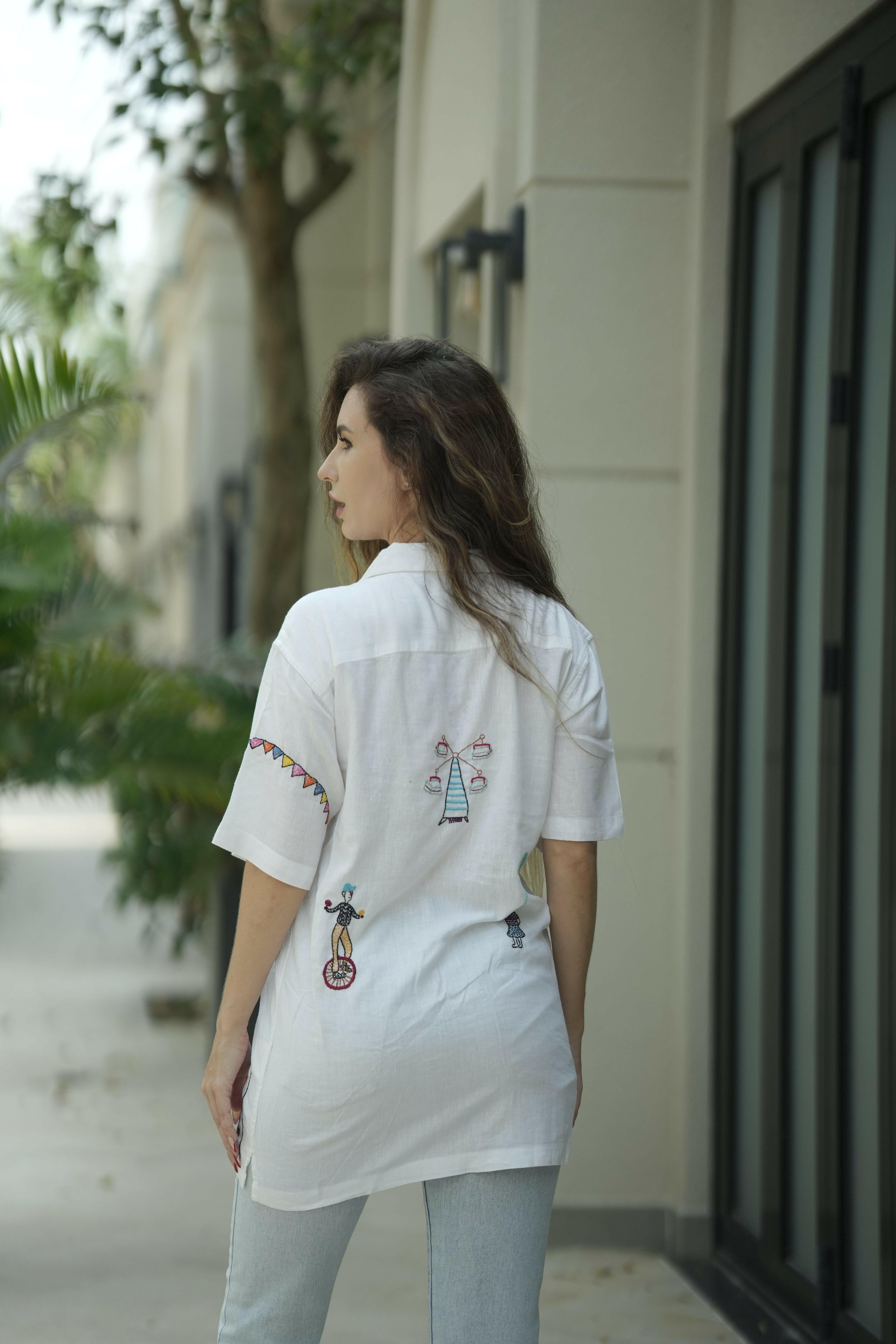 Unisex Designer white embroidered shirt with Festive Fairground Design