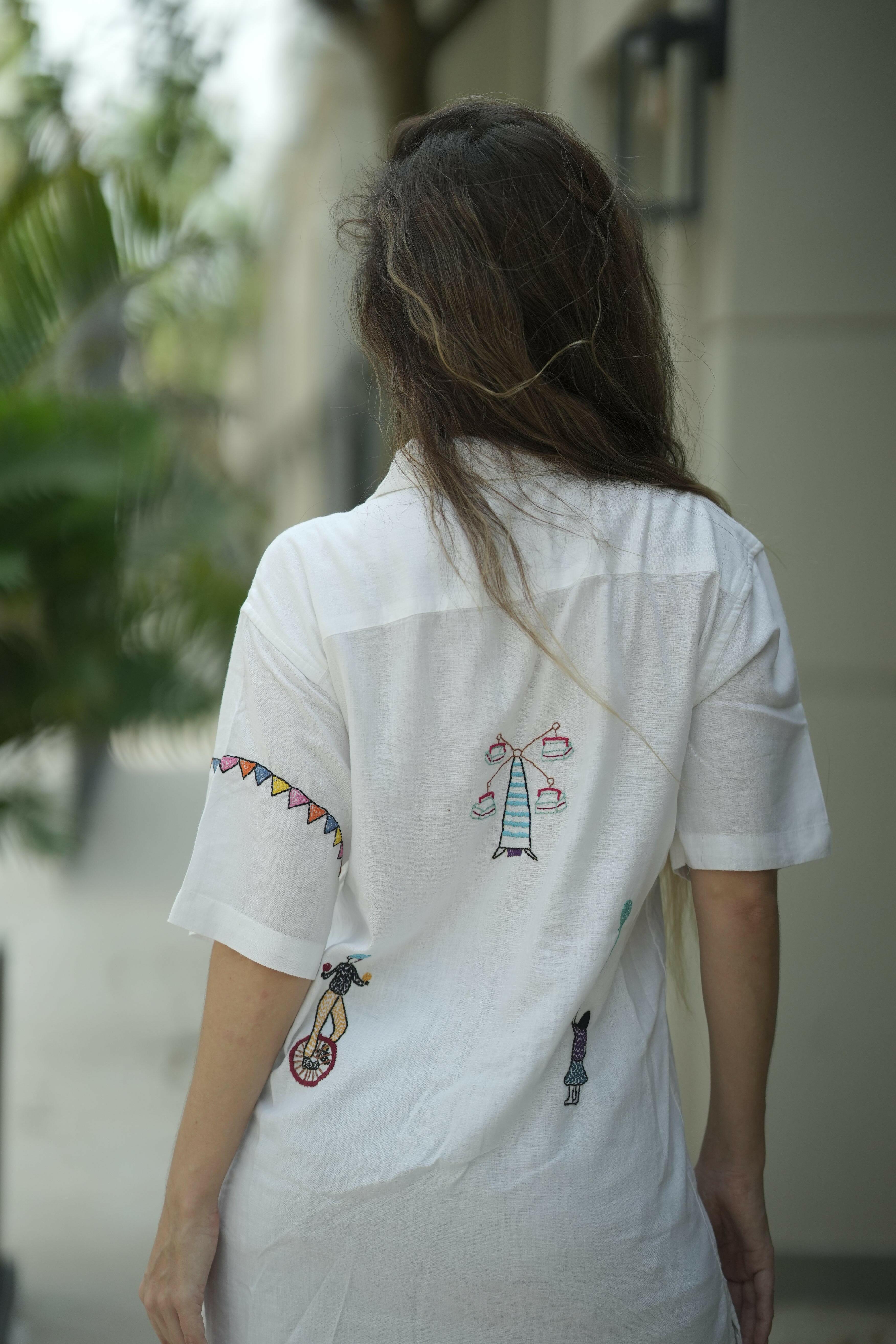 Unisex Designer white embroidered shirt with Festive Fairground Design