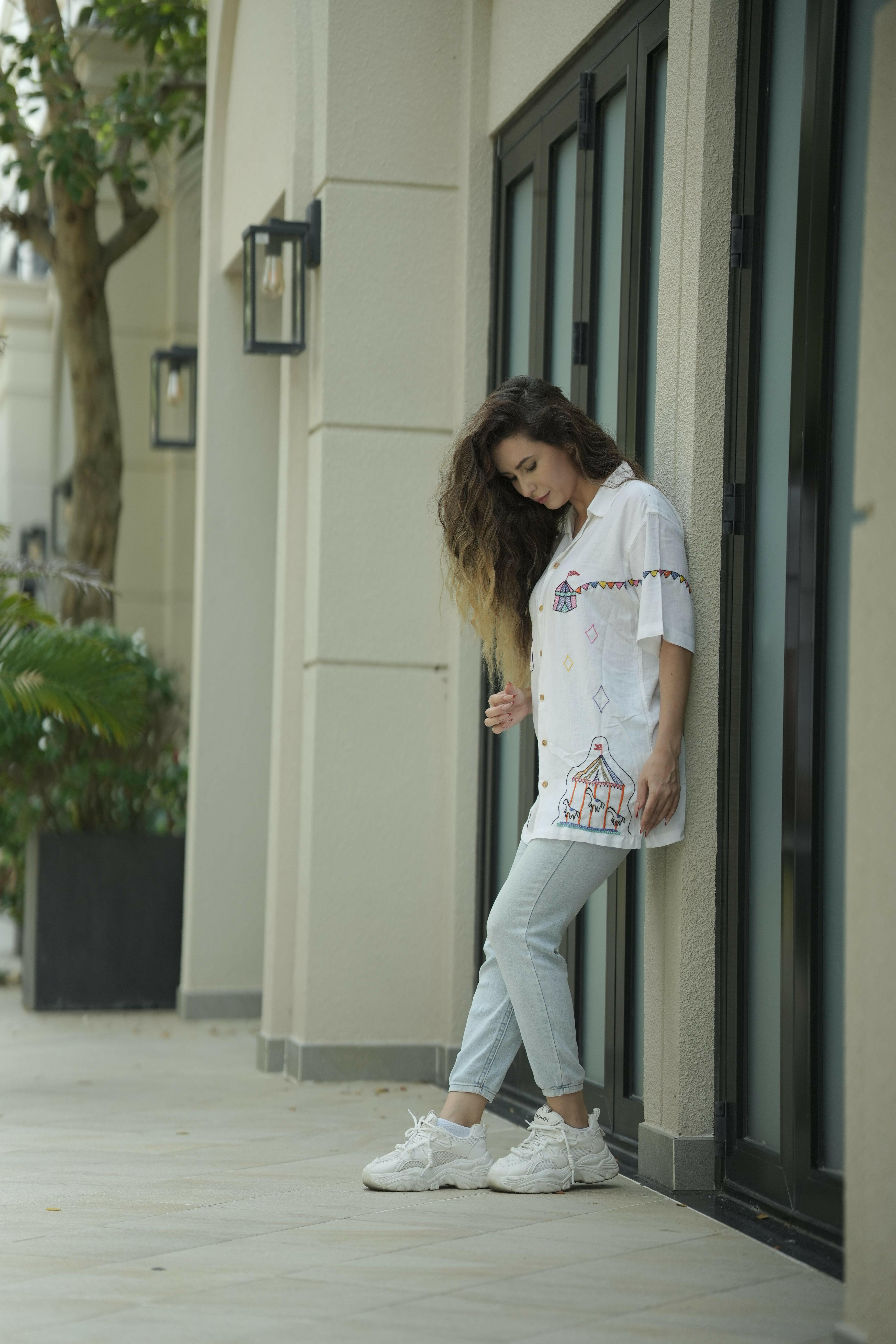 Unisex Designer white embroidered shirt with Festive Fairground Design