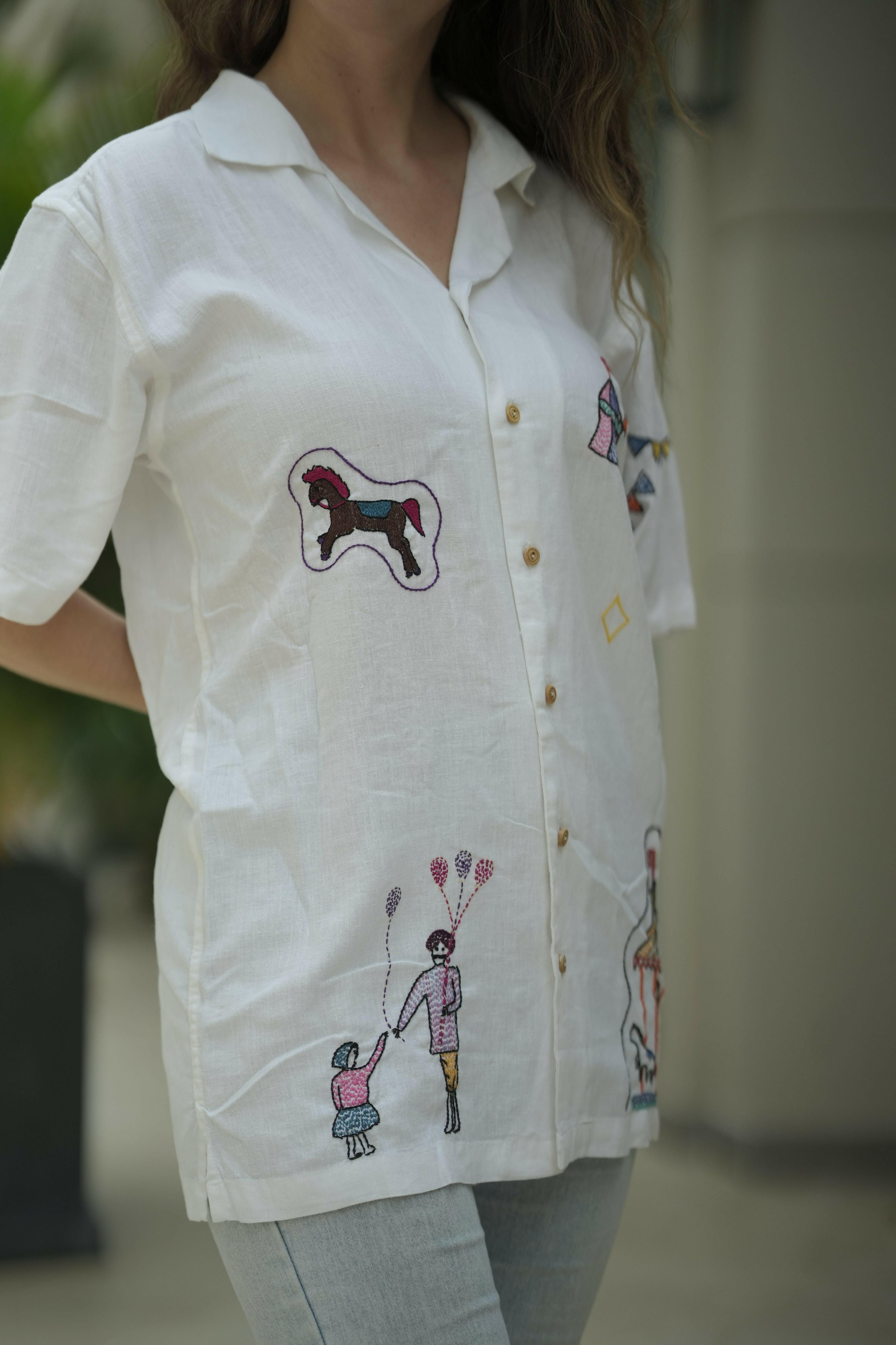 Unisex Designer white embroidered shirt with Festive Fairground Design