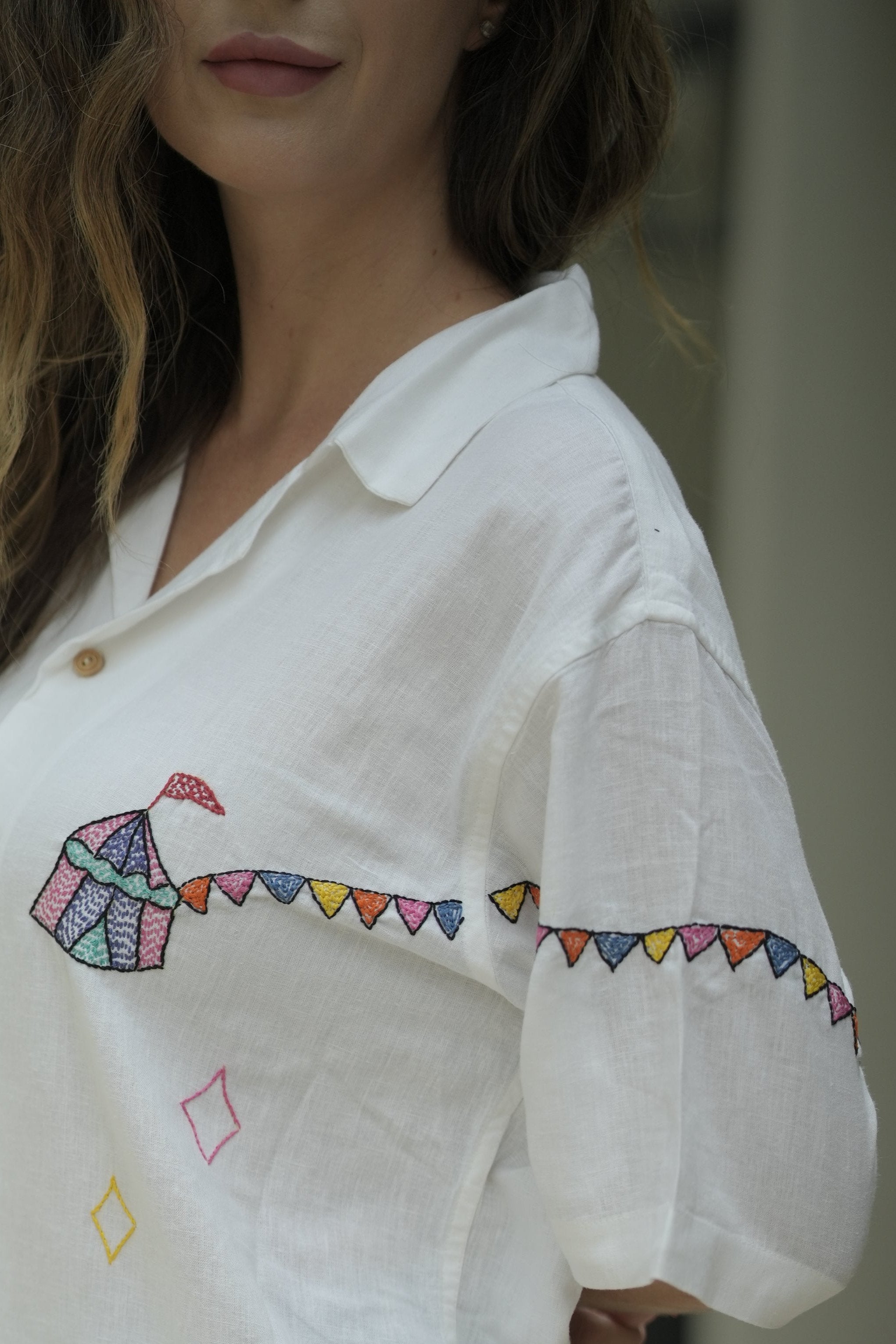 Unisex Designer white embroidered shirt with Festive Fairground Design