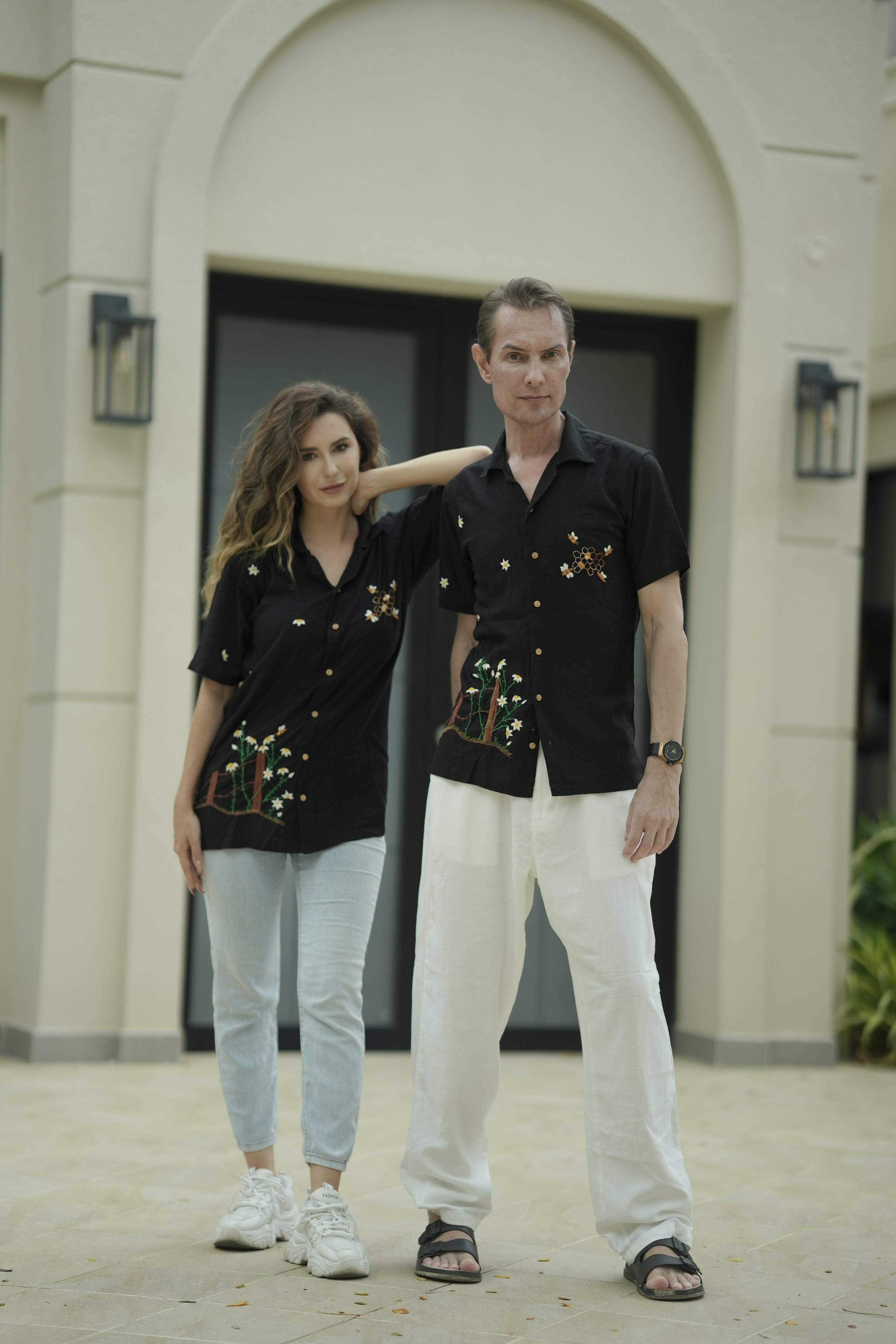 Designer Hand Embroidered Linen Shirt with Plant Bees Design – Unisex