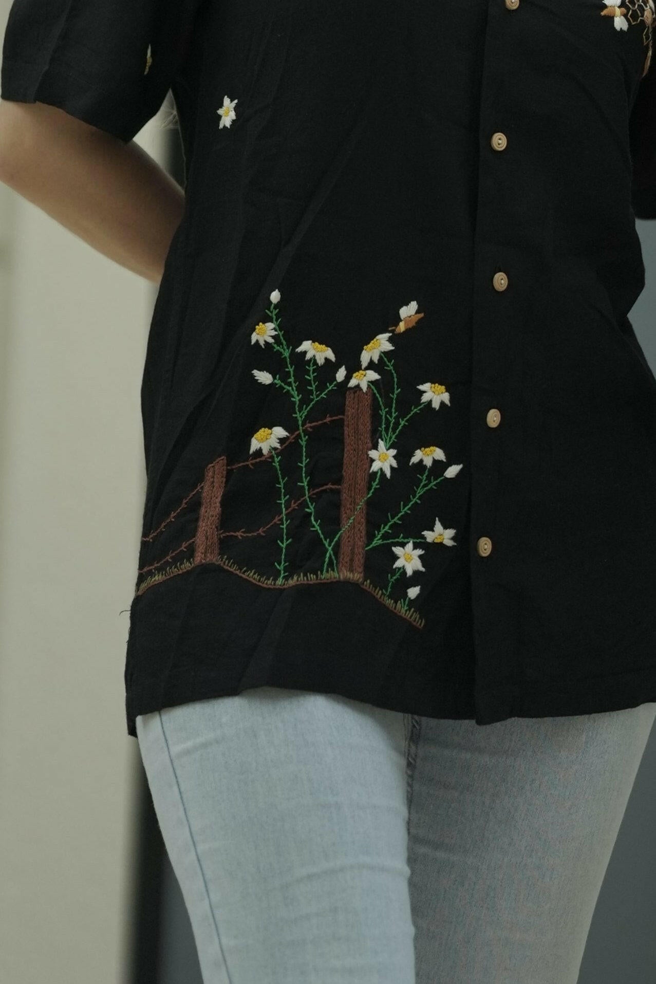 Designer Hand Embroidered Linen Shirt with Plant Bees Design – Unisex