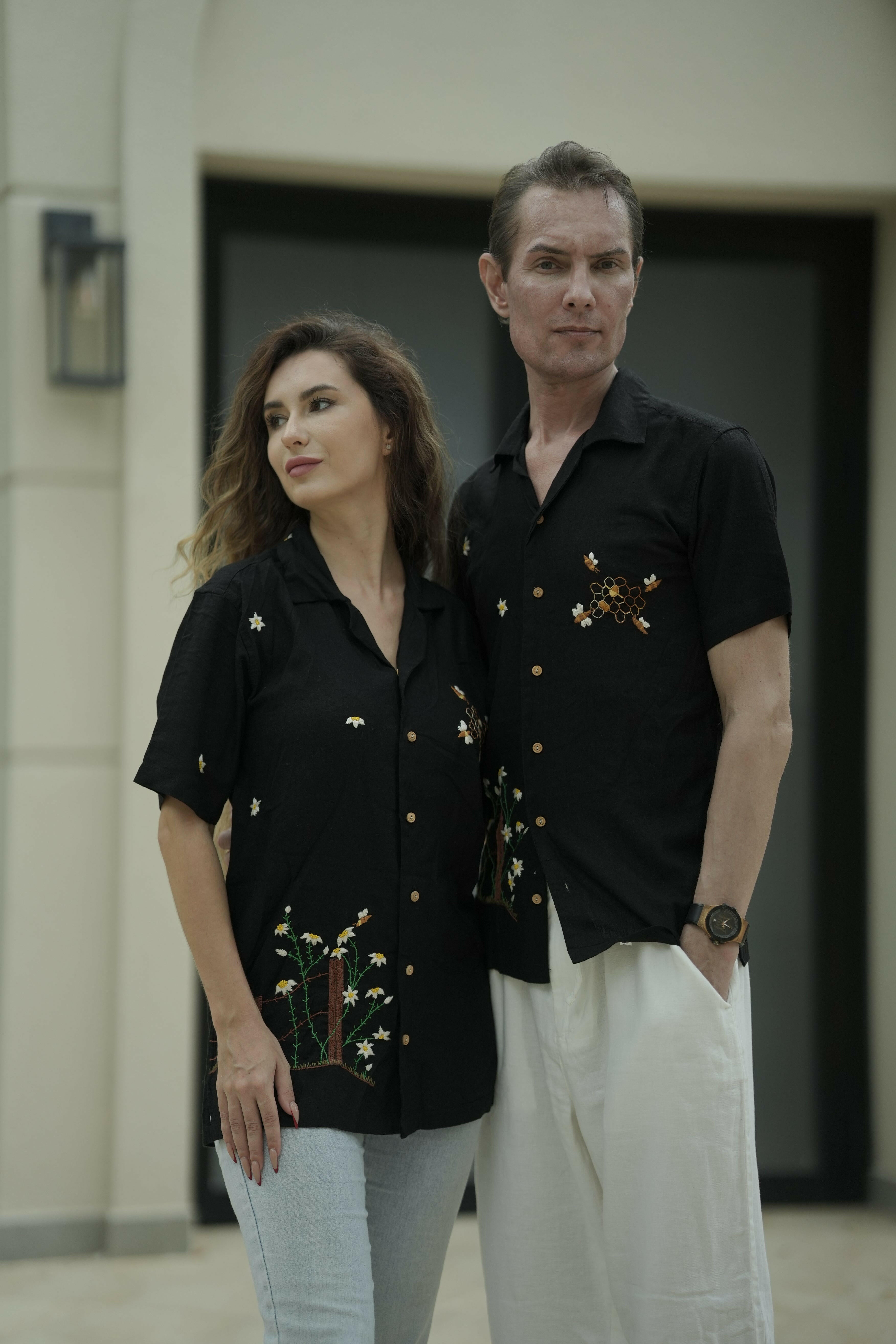 Designer Hand Embroidered Linen Shirt with Plant Bees Design – Unisex