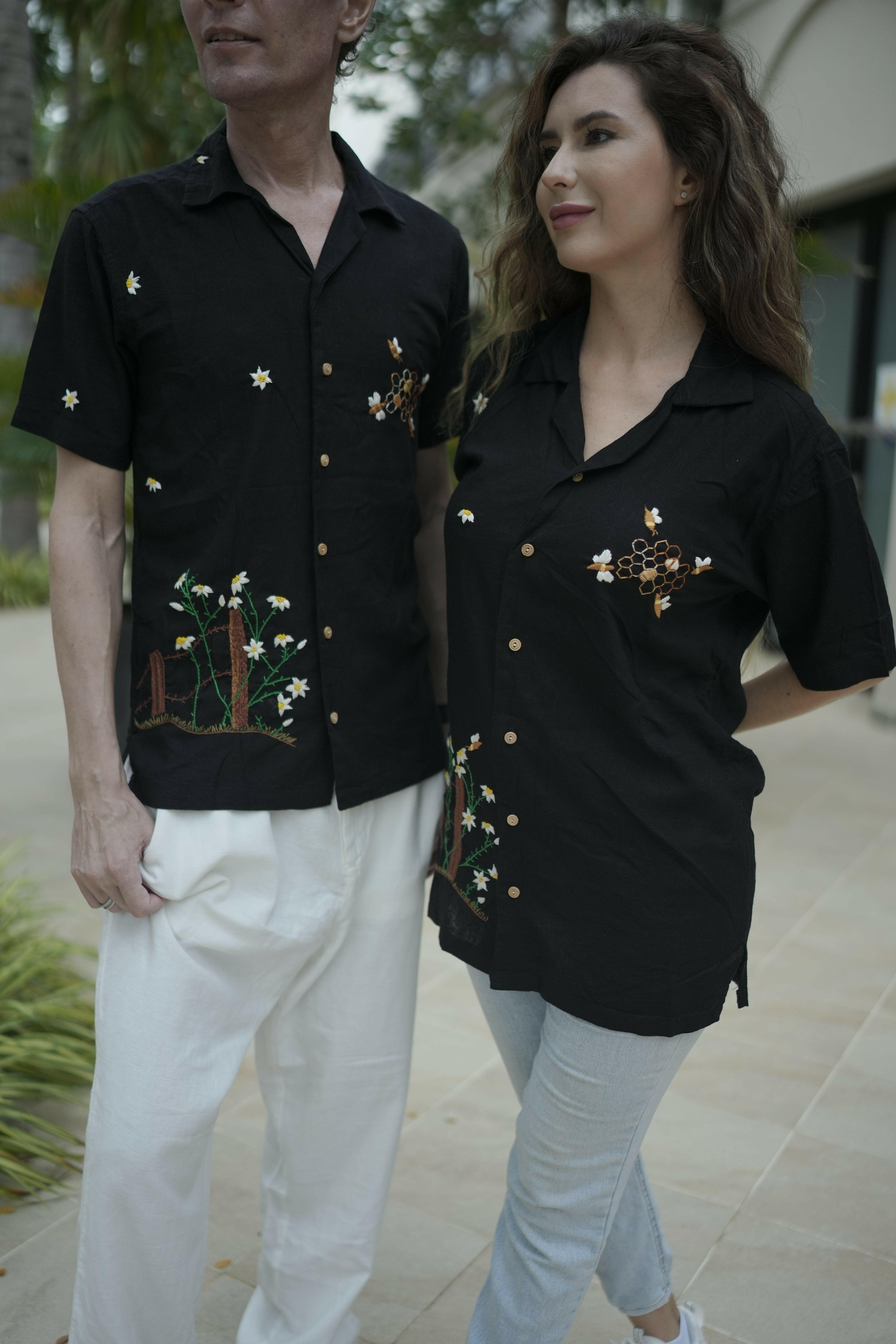 Designer Hand Embroidered Linen Shirt with Plant Bees Design – Unisex