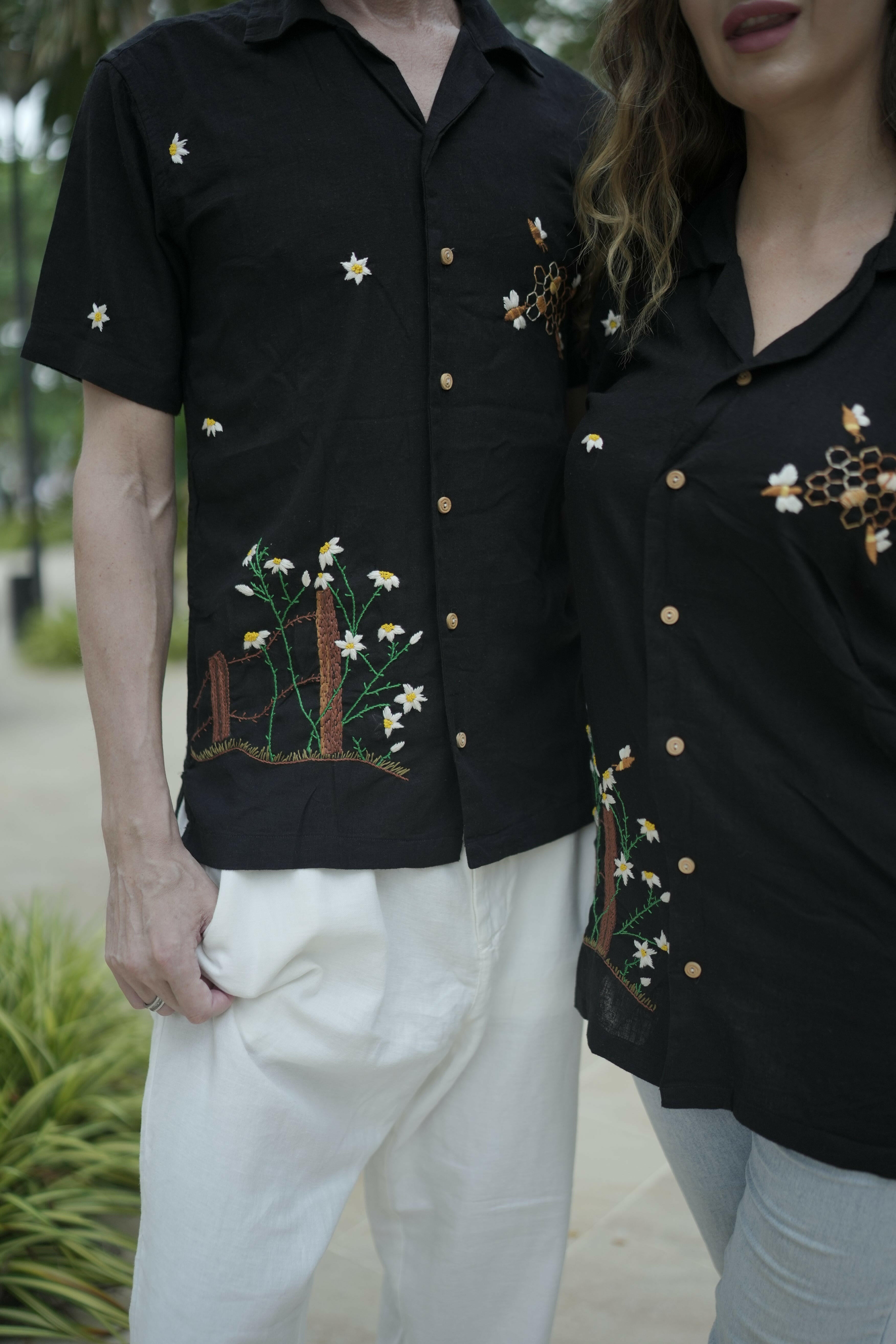 Designer Hand Embroidered Linen Shirt with Plant Bees Design – Unisex