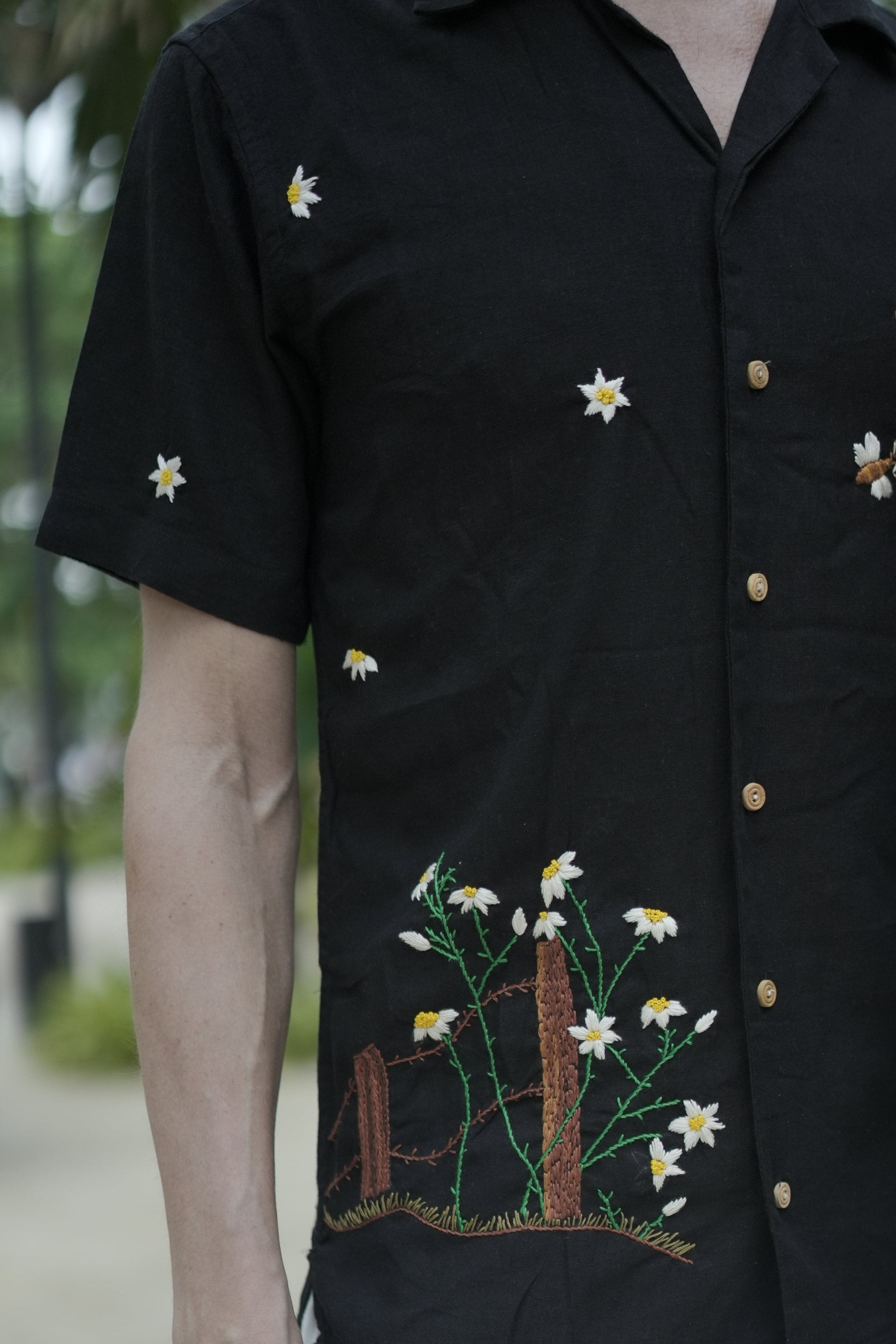 Designer Hand Embroidered Linen Shirt with Plant Bees Design – Unisex