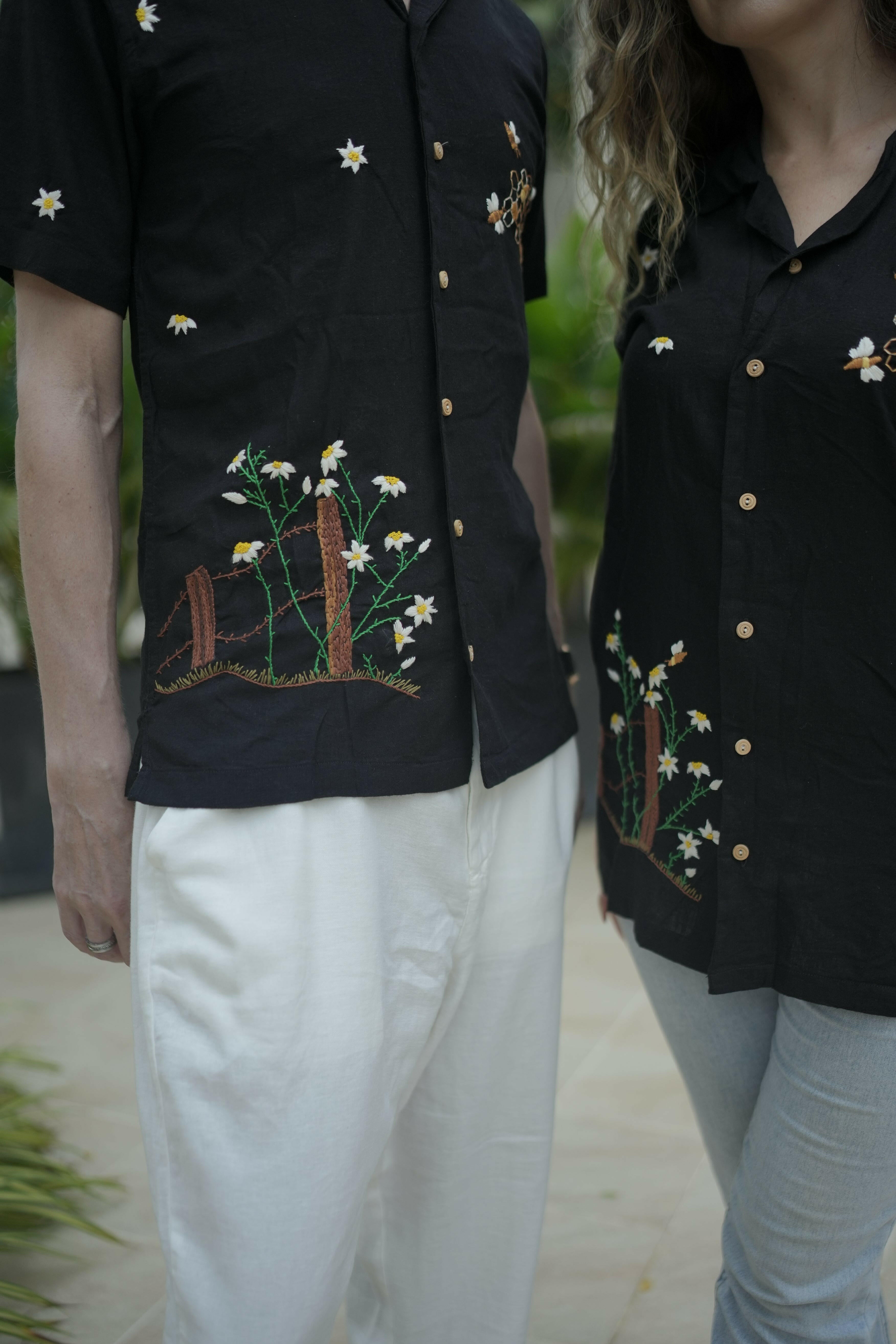 Designer Hand Embroidered Linen Shirt with Plant Bees Design – Unisex