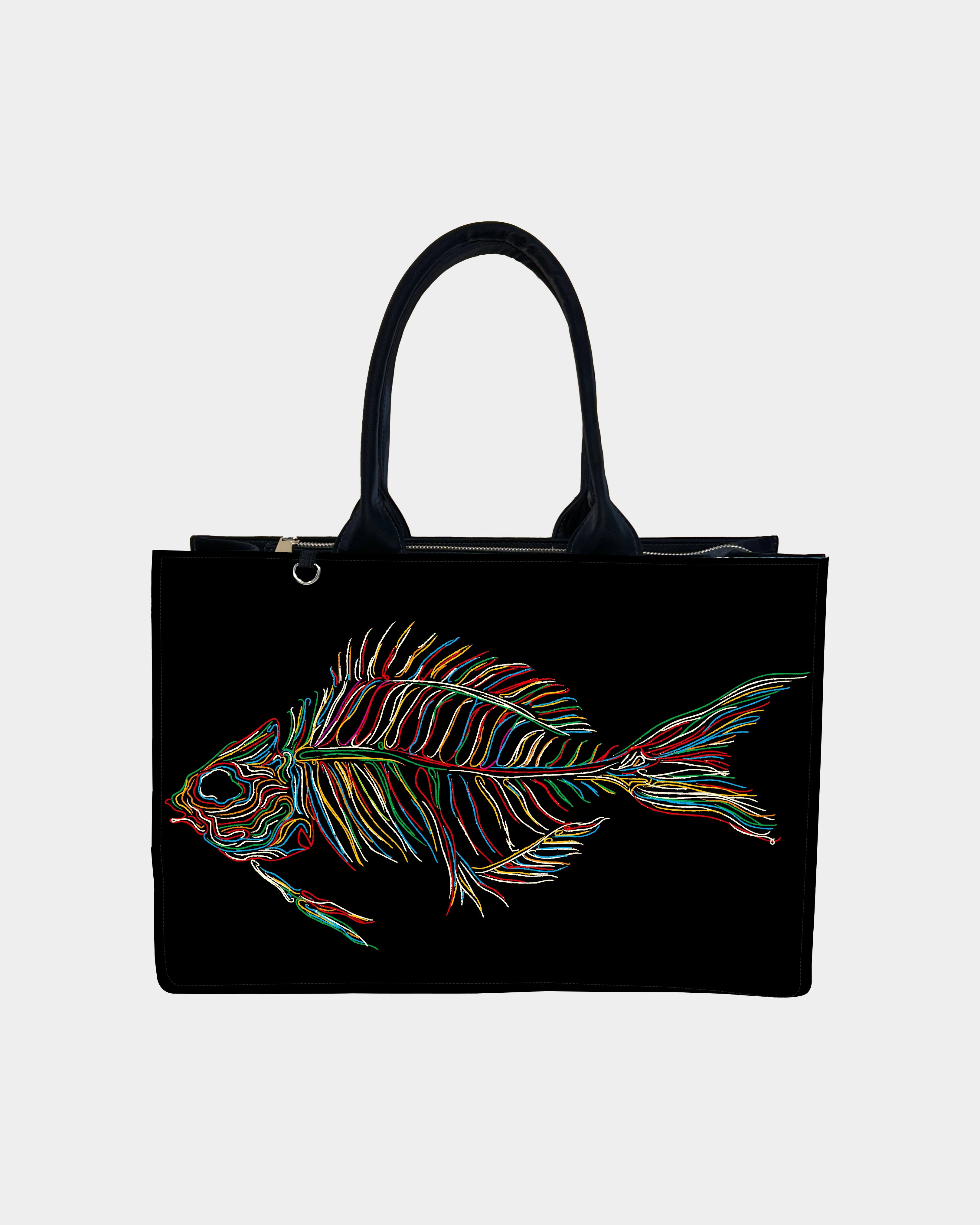 Colorful Fish Skeleton Designer Tote Bag – Artistic & Edgy Design
