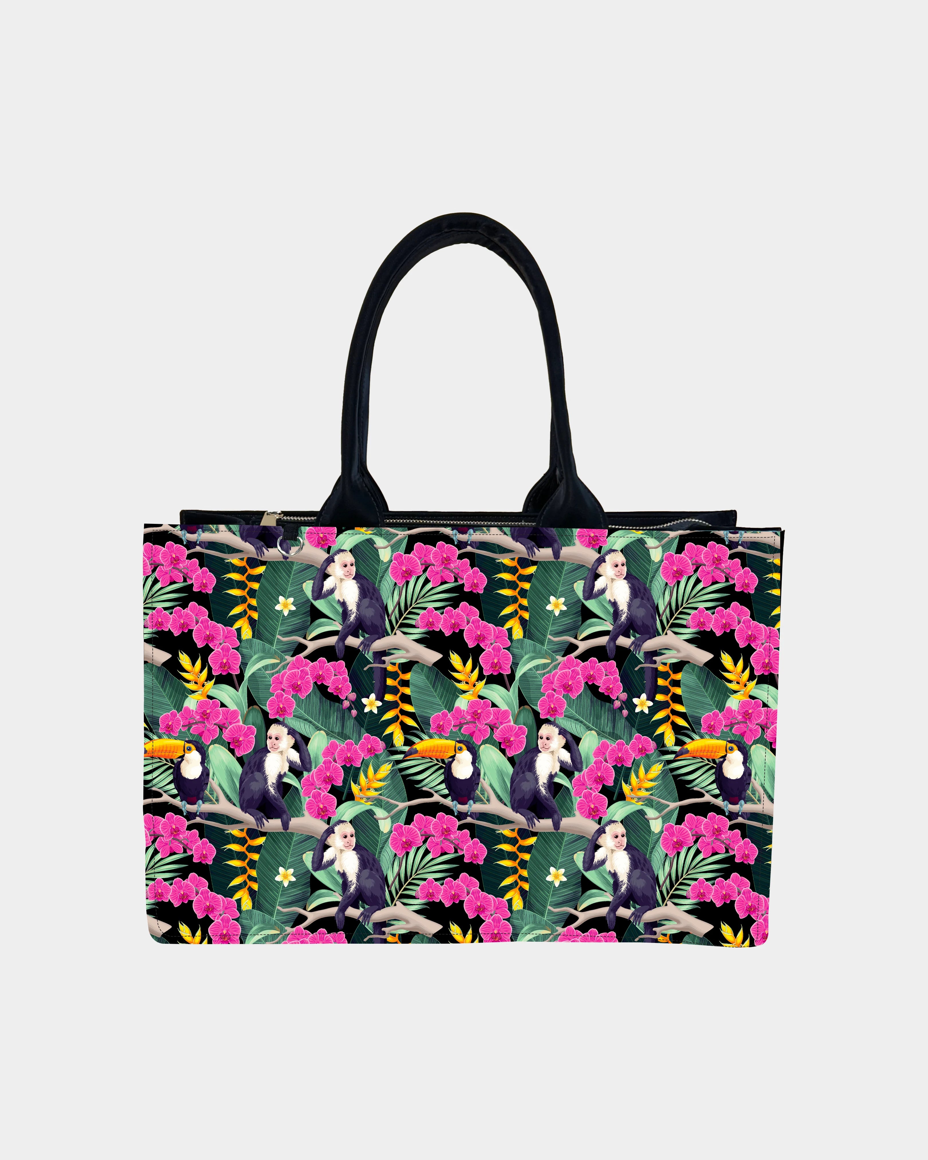 Pink Flower Monkey Designer Tote Bag– Tropical & Fun Gift Idea